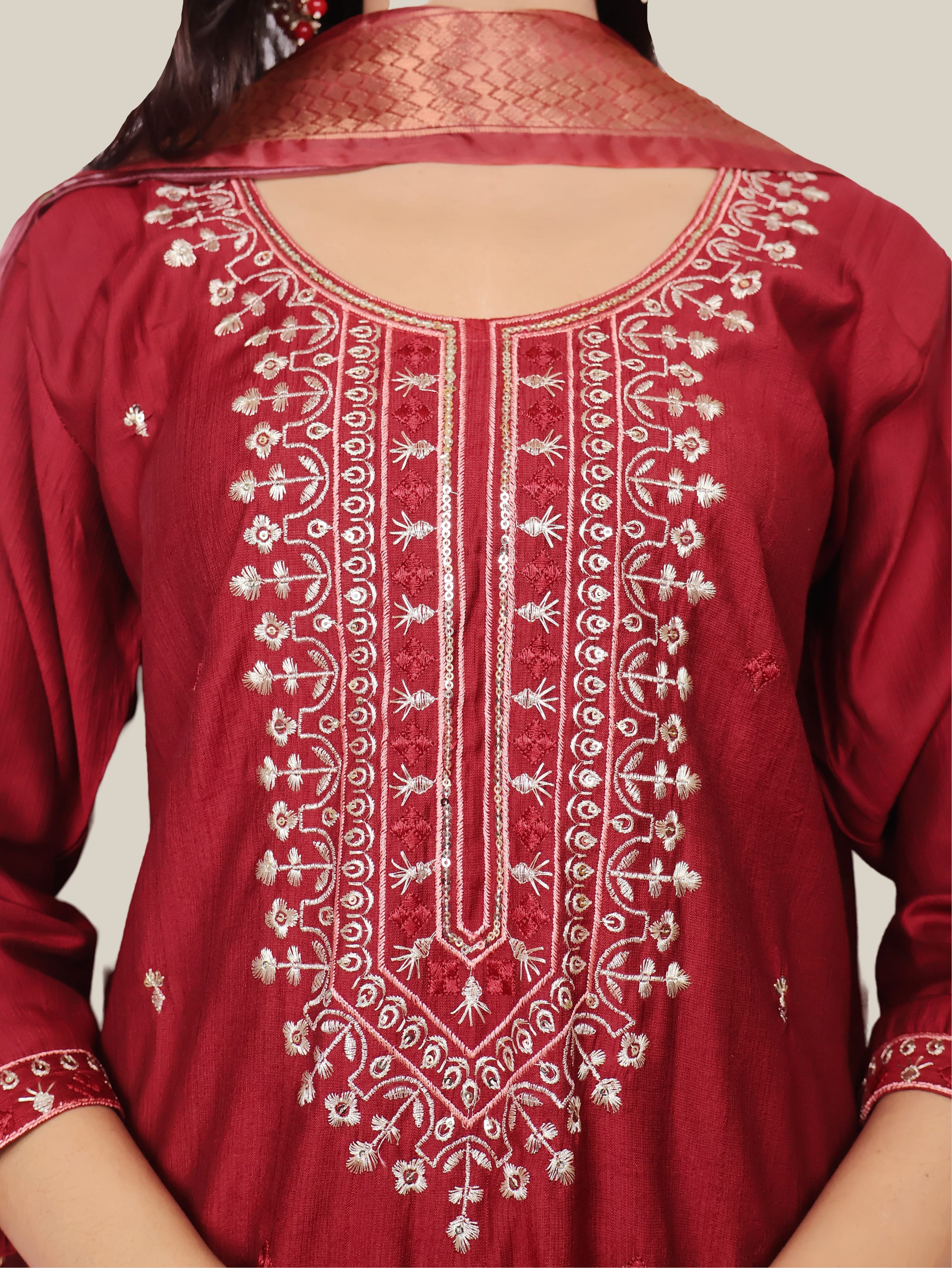 Rayon-Cotton Embroidered Straight Kurti with Pant and Dupatta