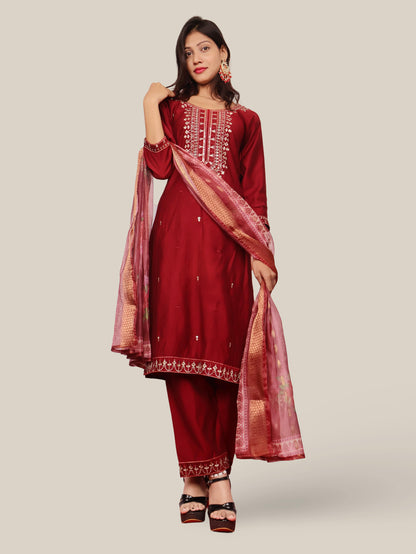 Rayon-Cotton Embroidered Straight Kurti with Pant and Dupatta