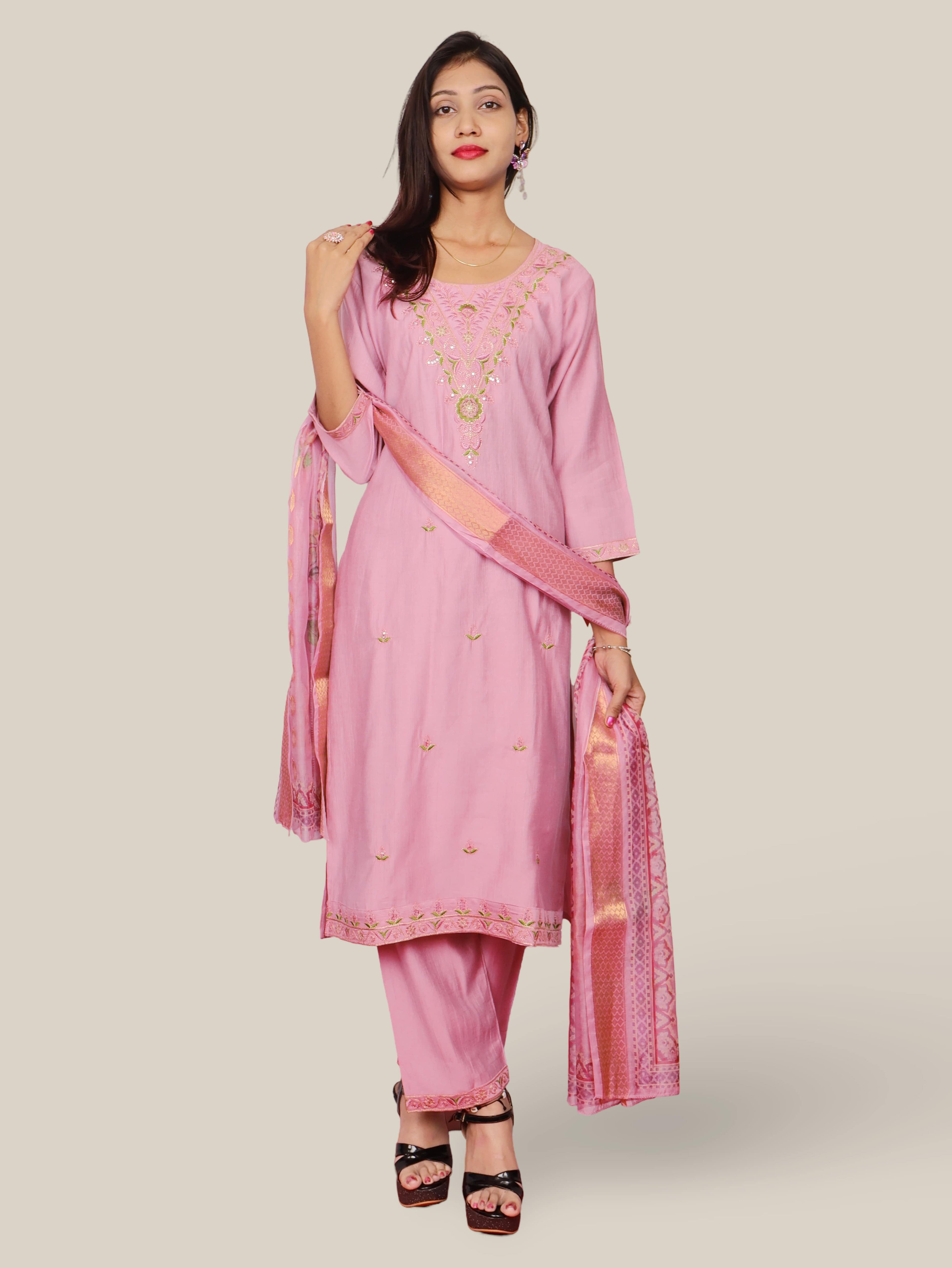 Vatican Silk Embroidered Straight Kurti with Pants and Dupatta