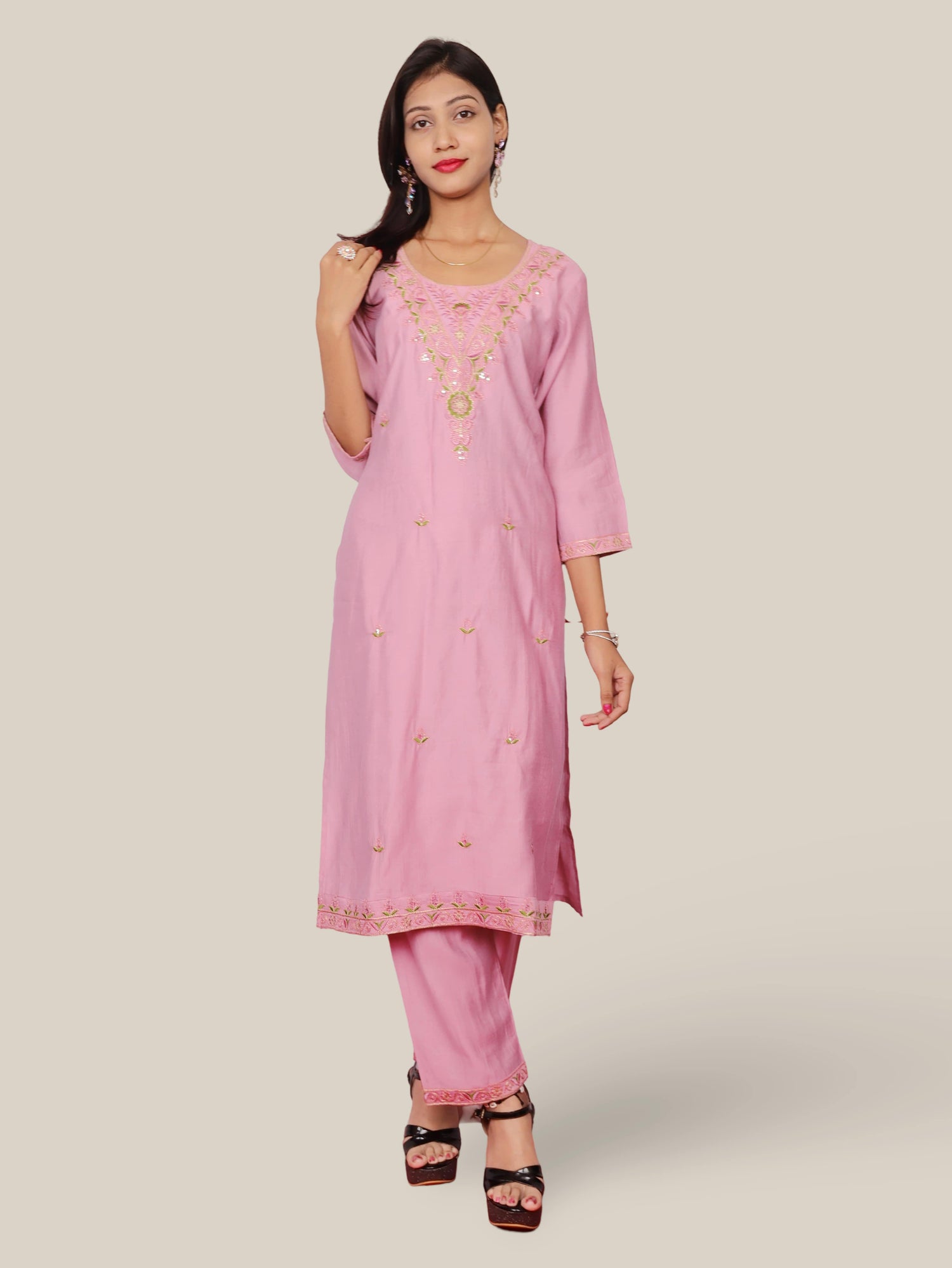 Vatican Silk Embroidered Straight Kurti with Pants and Dupatta