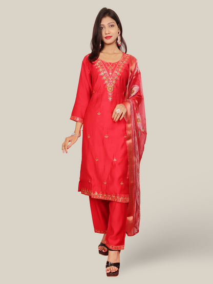 Vatican Silk Embroidered Straight Kurti with Pants and Dupatta