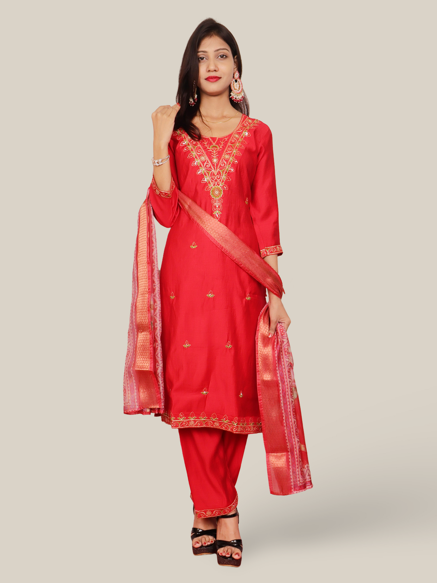 Vatican Silk Embroidered Straight Kurti with Pants and Dupatta