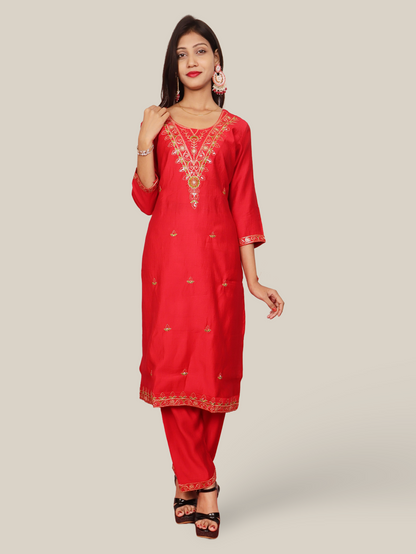 Vatican Silk Embroidered Straight Kurti with Pants and Dupatta