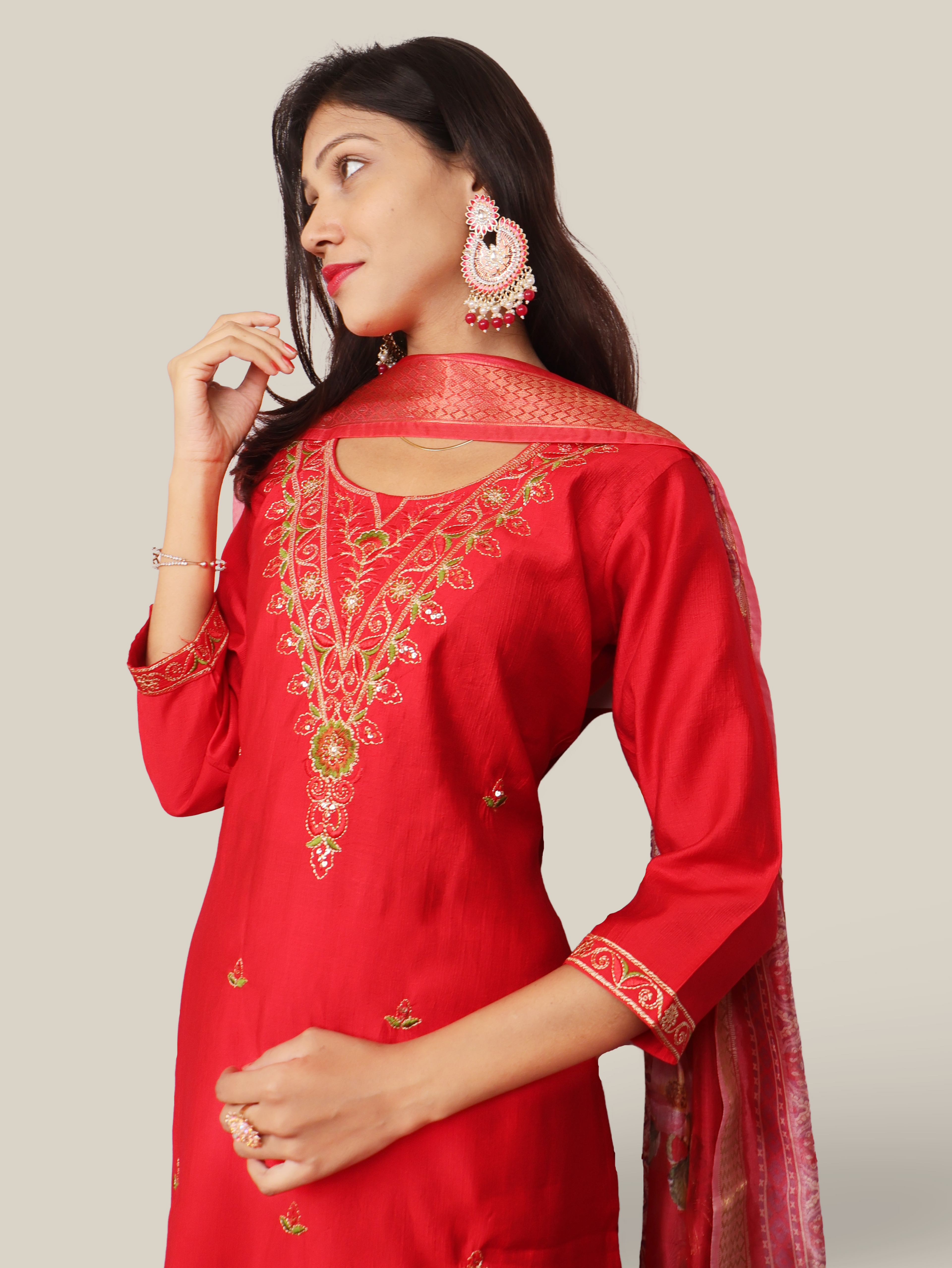 Vatican Silk Embroidered Straight Kurti with Pants and Dupatta