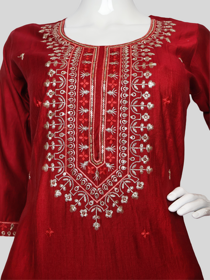 Rayon-Cotton Embroidered Straight Kurti Set with Pant and Dupatta