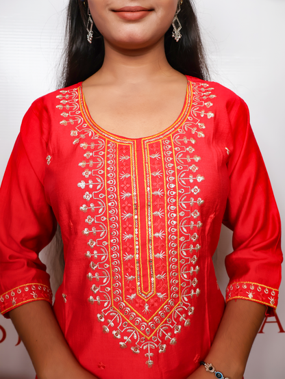 Rayon-Cotton Embroidered Straight Kurti Set with Pant and Dupatta