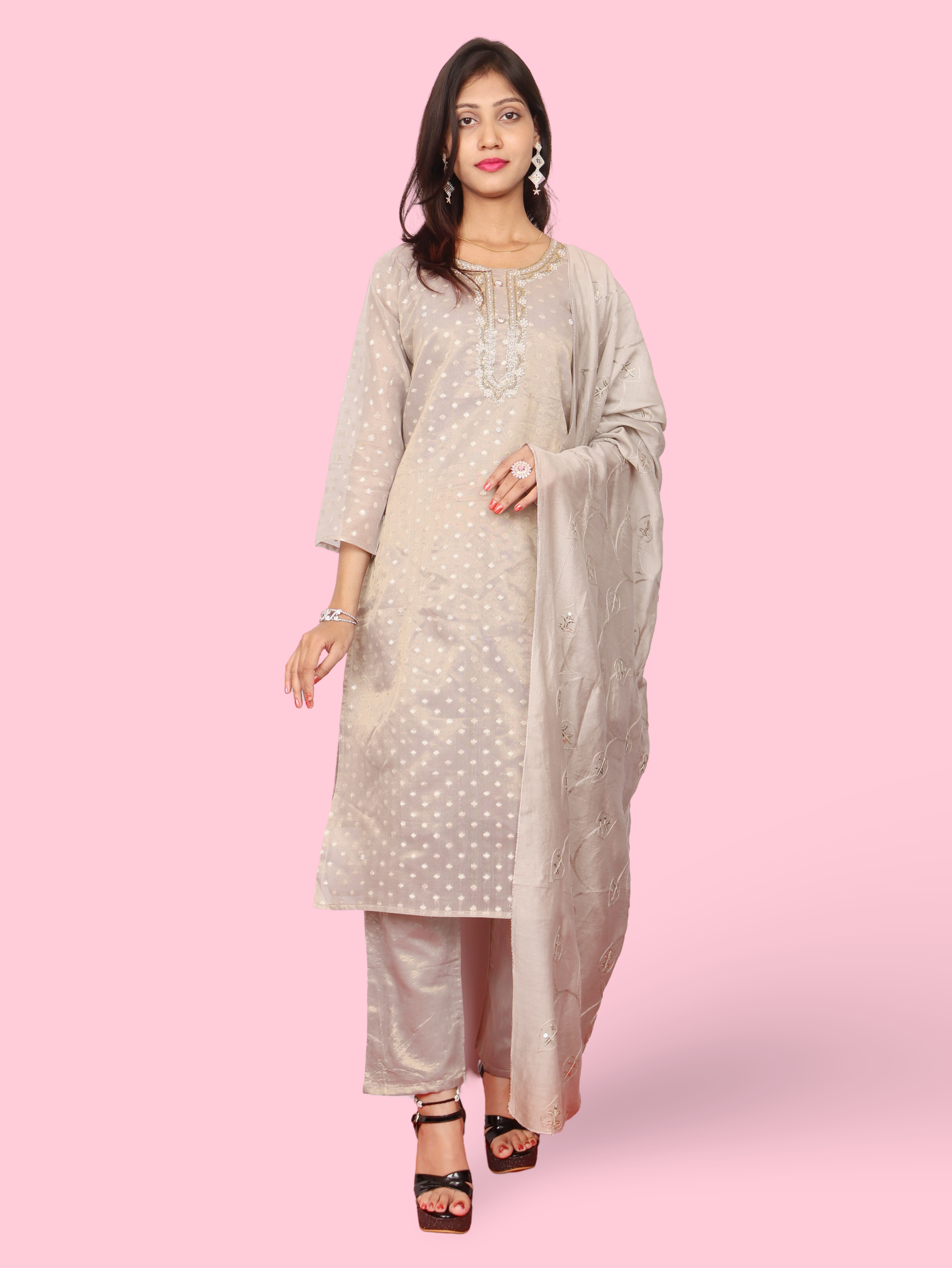 Silk Embroidered Straight Kurti with Pant and Dupatta