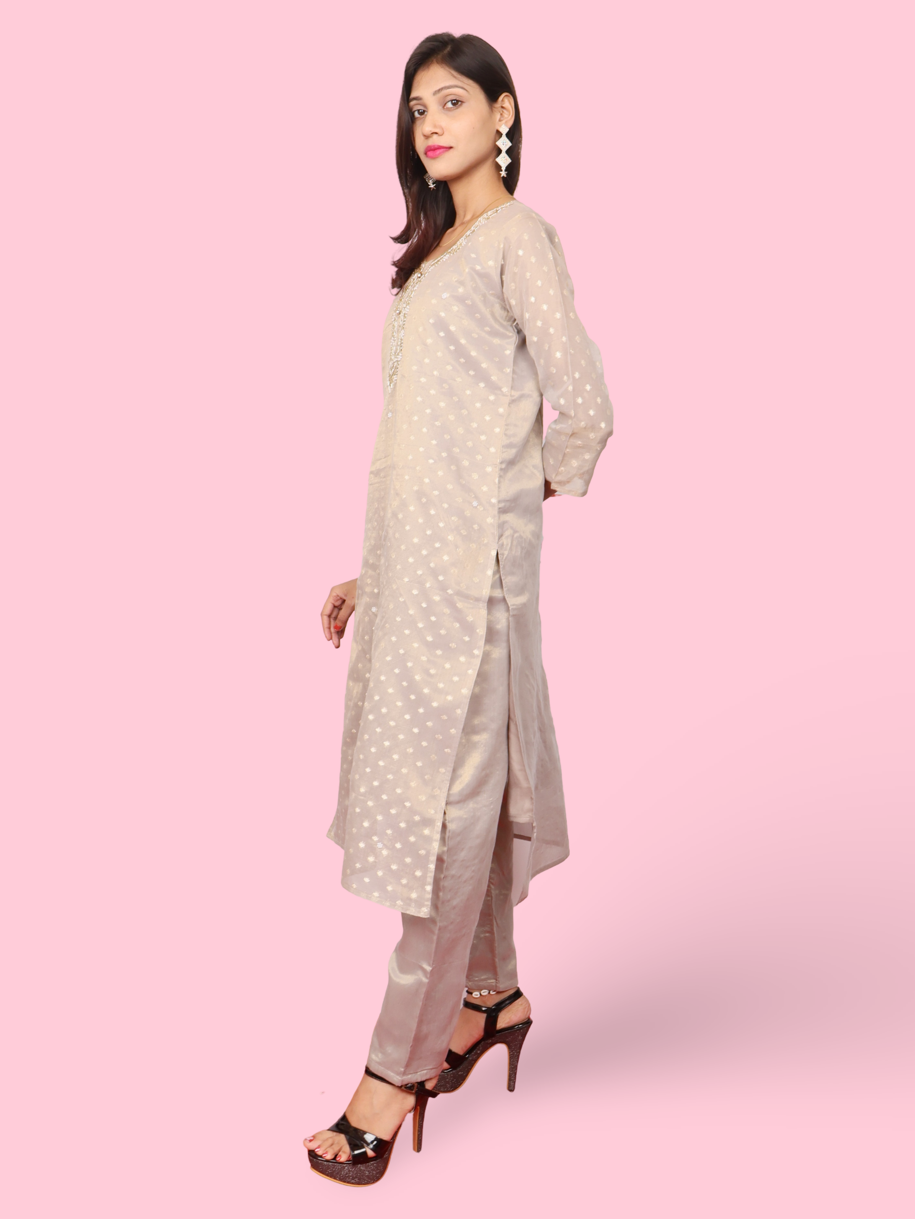 Silk Embroidered Straight Kurti with Pant and Dupatta