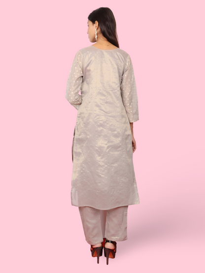 Silk Embroidered Straight Kurti with Pant and Dupatta