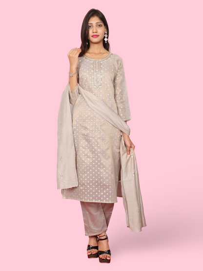 Silk Embroidered Straight Kurti with Pant and Dupatta