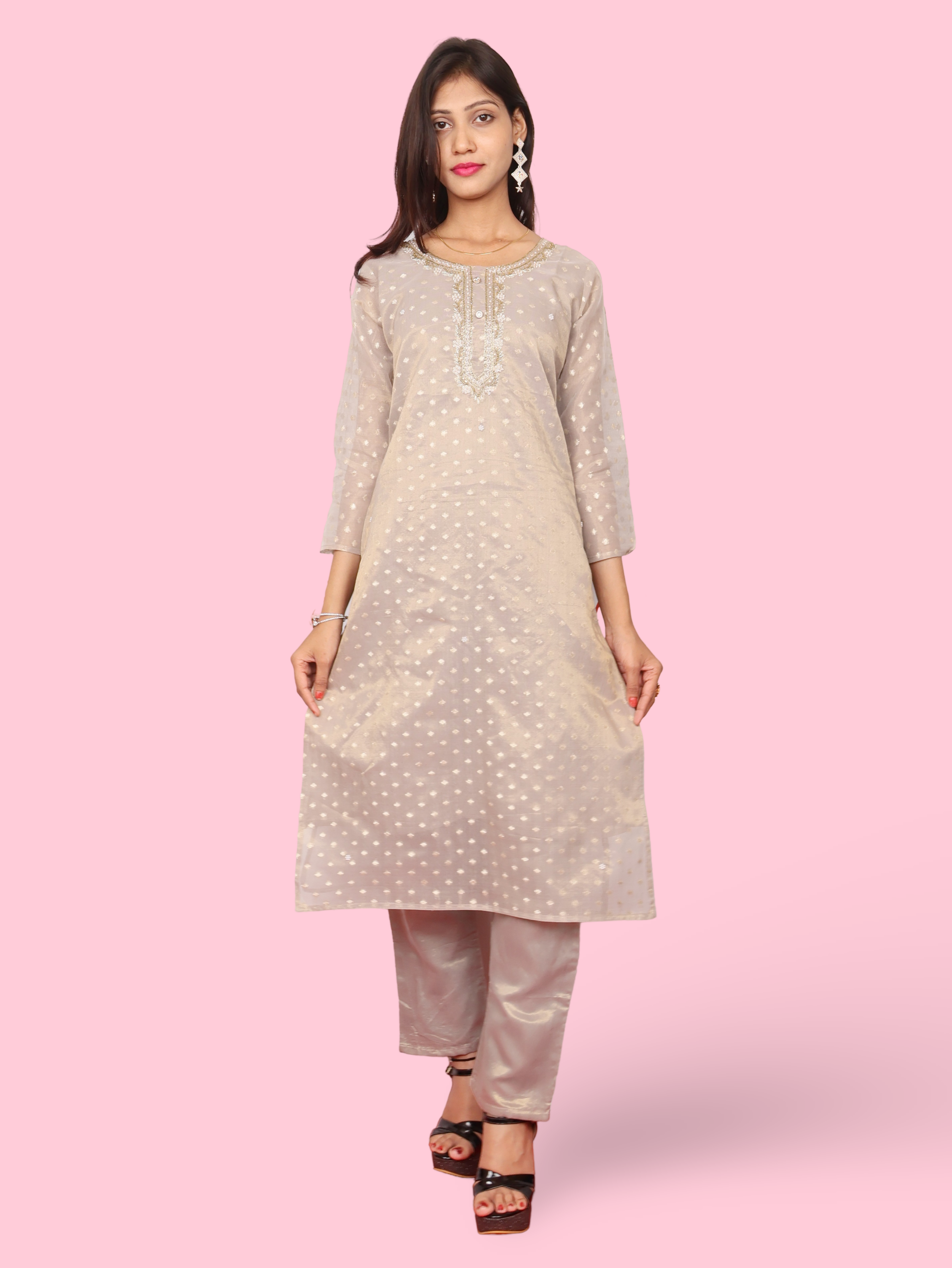 Silk Embroidered Straight Kurti with Pant and Dupatta