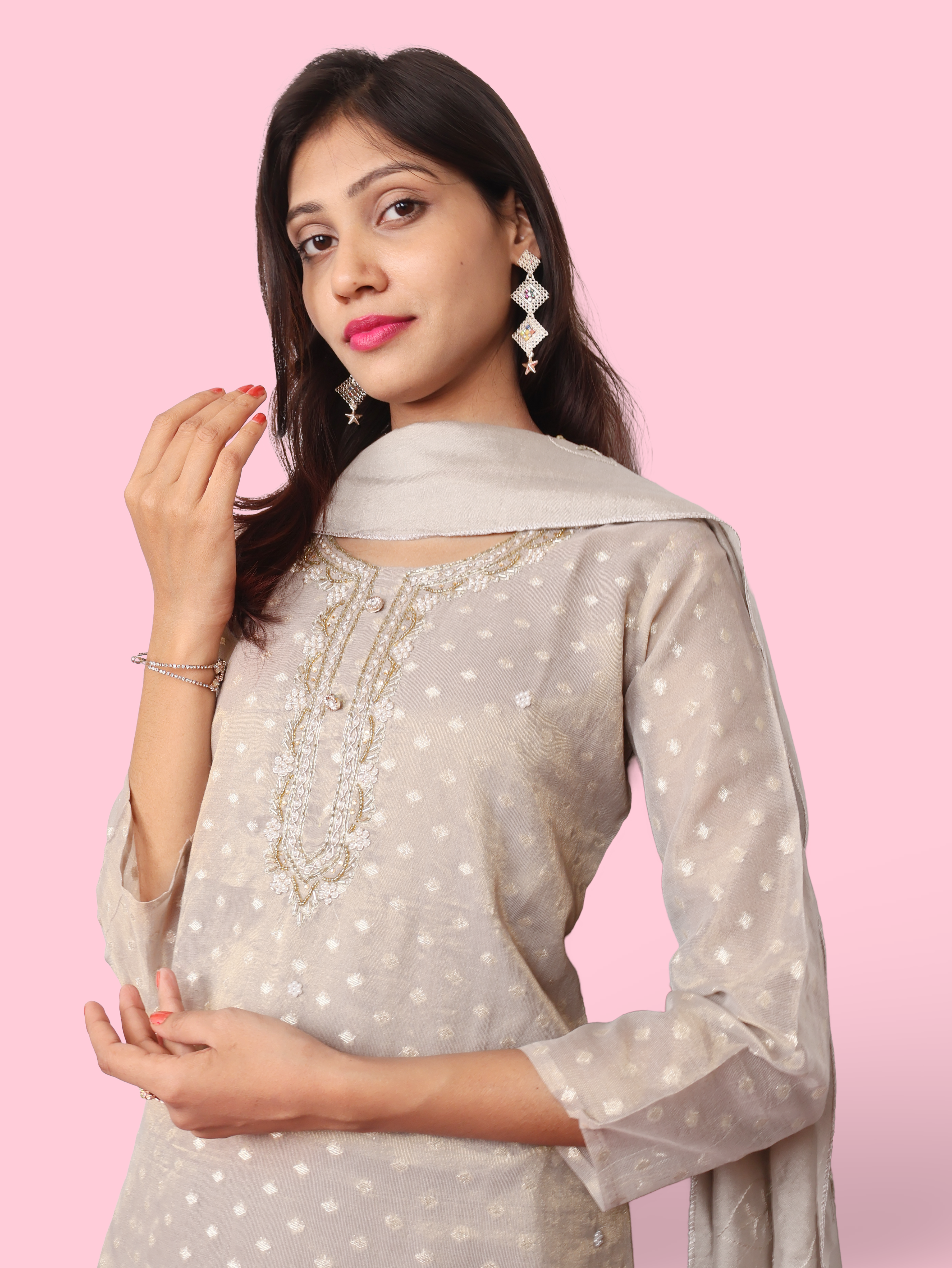 Silk Embroidered Straight Kurti with Pant and Dupatta