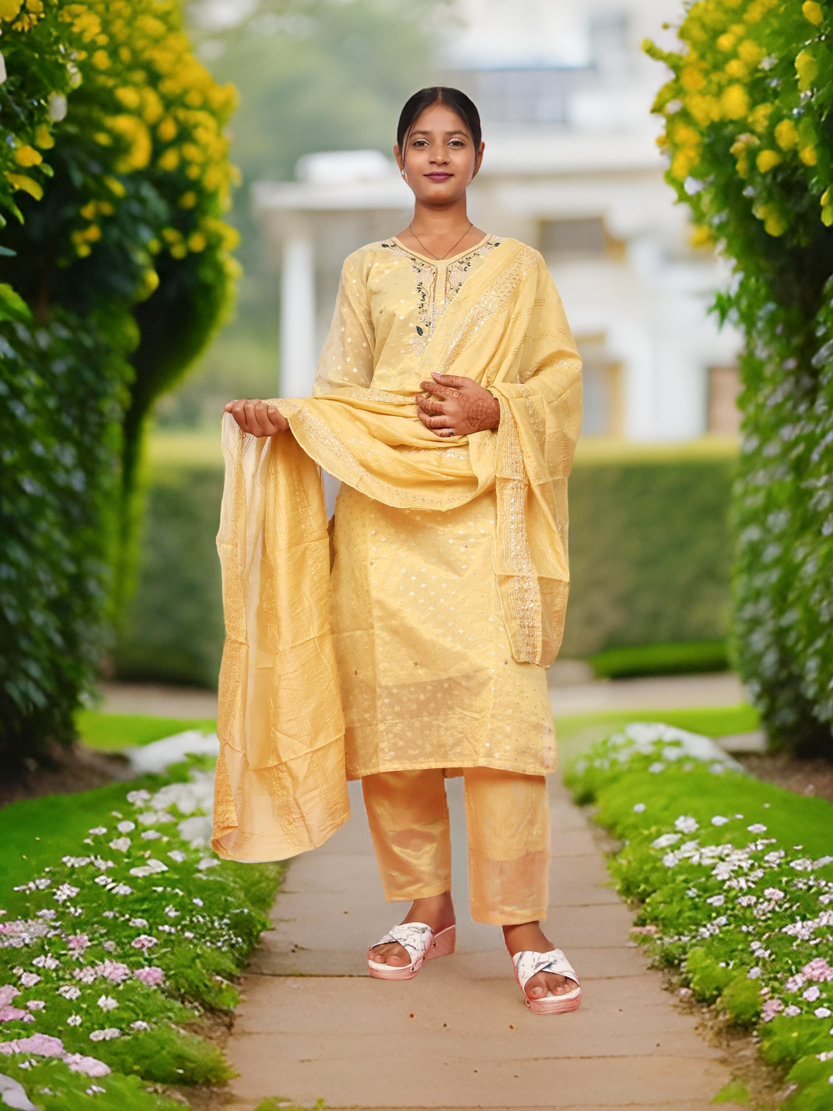 Silk Embroidered Straight Kurti with Pant and Dupatta