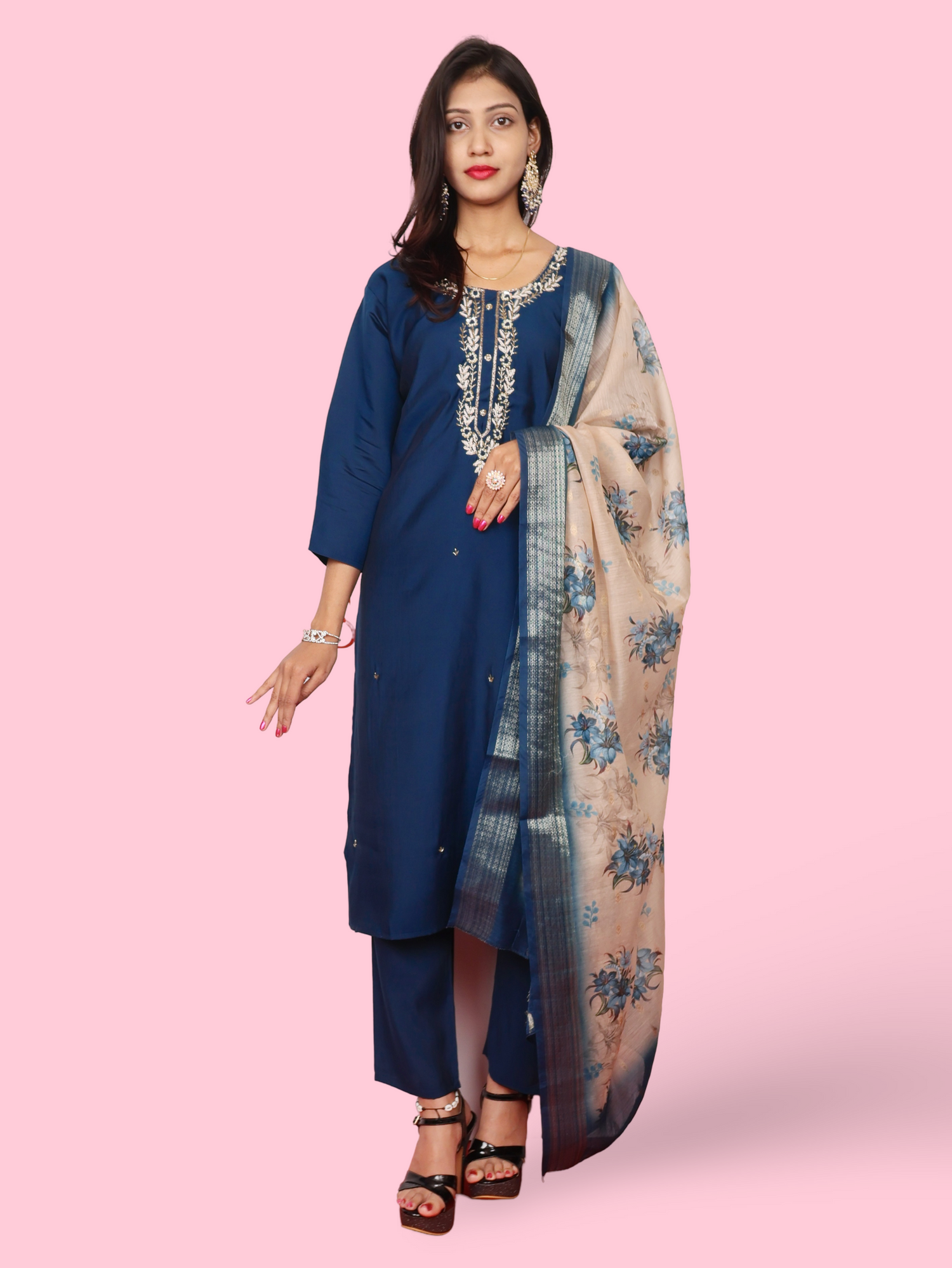 Embroidered Straight Kurta Set with Pant and Dupatta