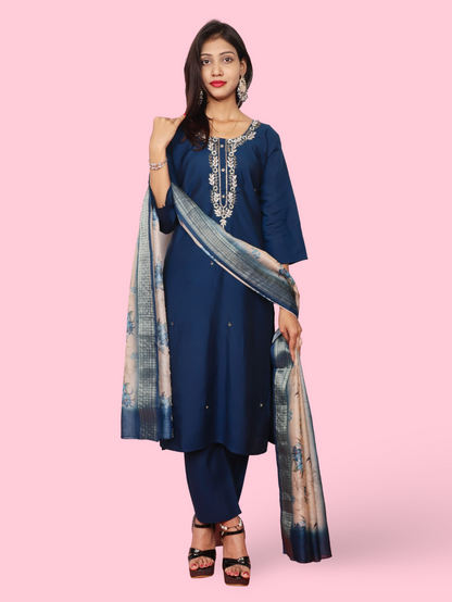 Embroidered Straight Kurta Set with Pant and Dupatta