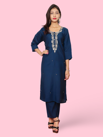 Embroidered Straight Kurta Set with Pant and Dupatta