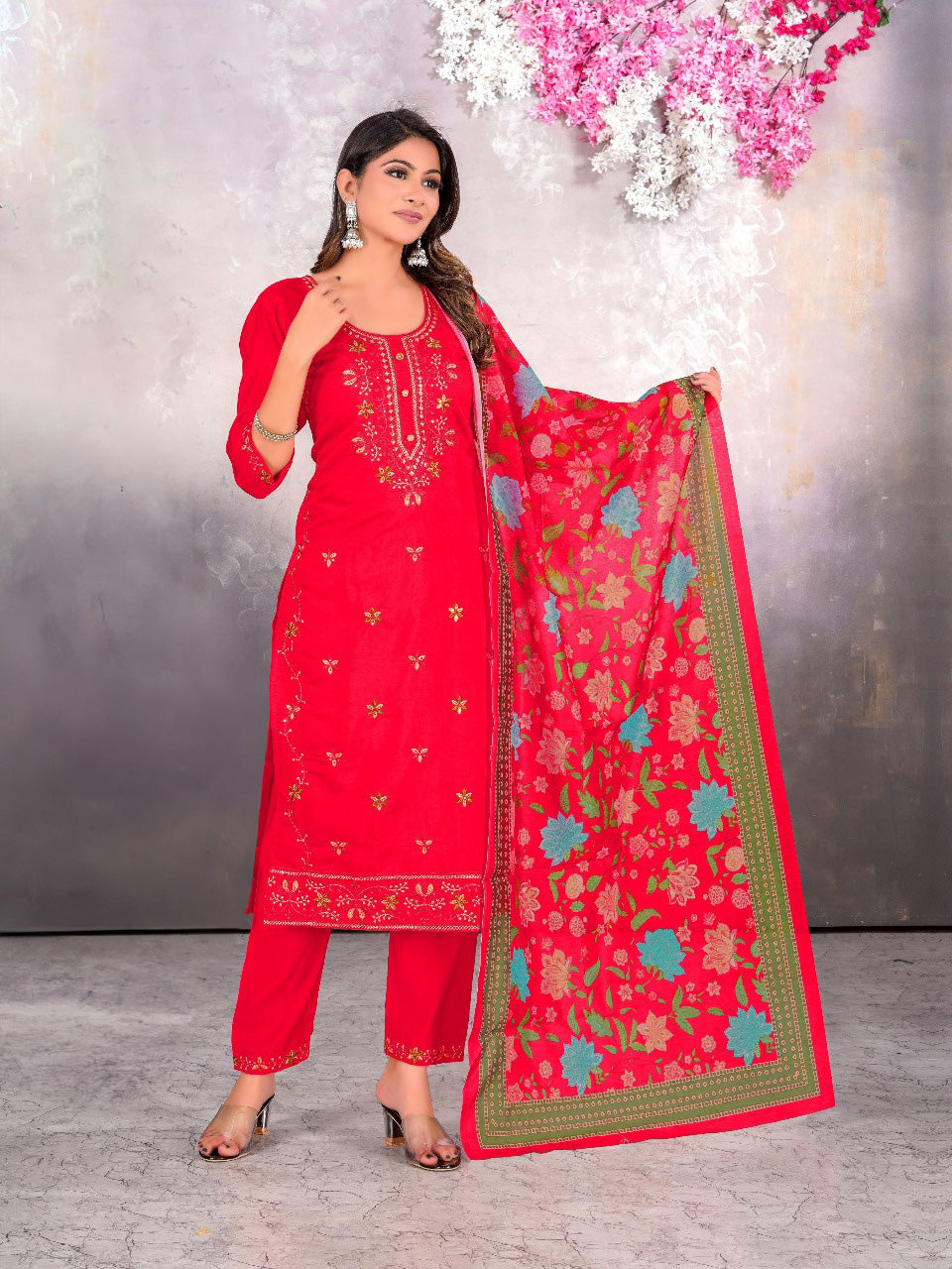 Rayon-Cotton Embroidered Straight Kurti with Pant and Dupatta