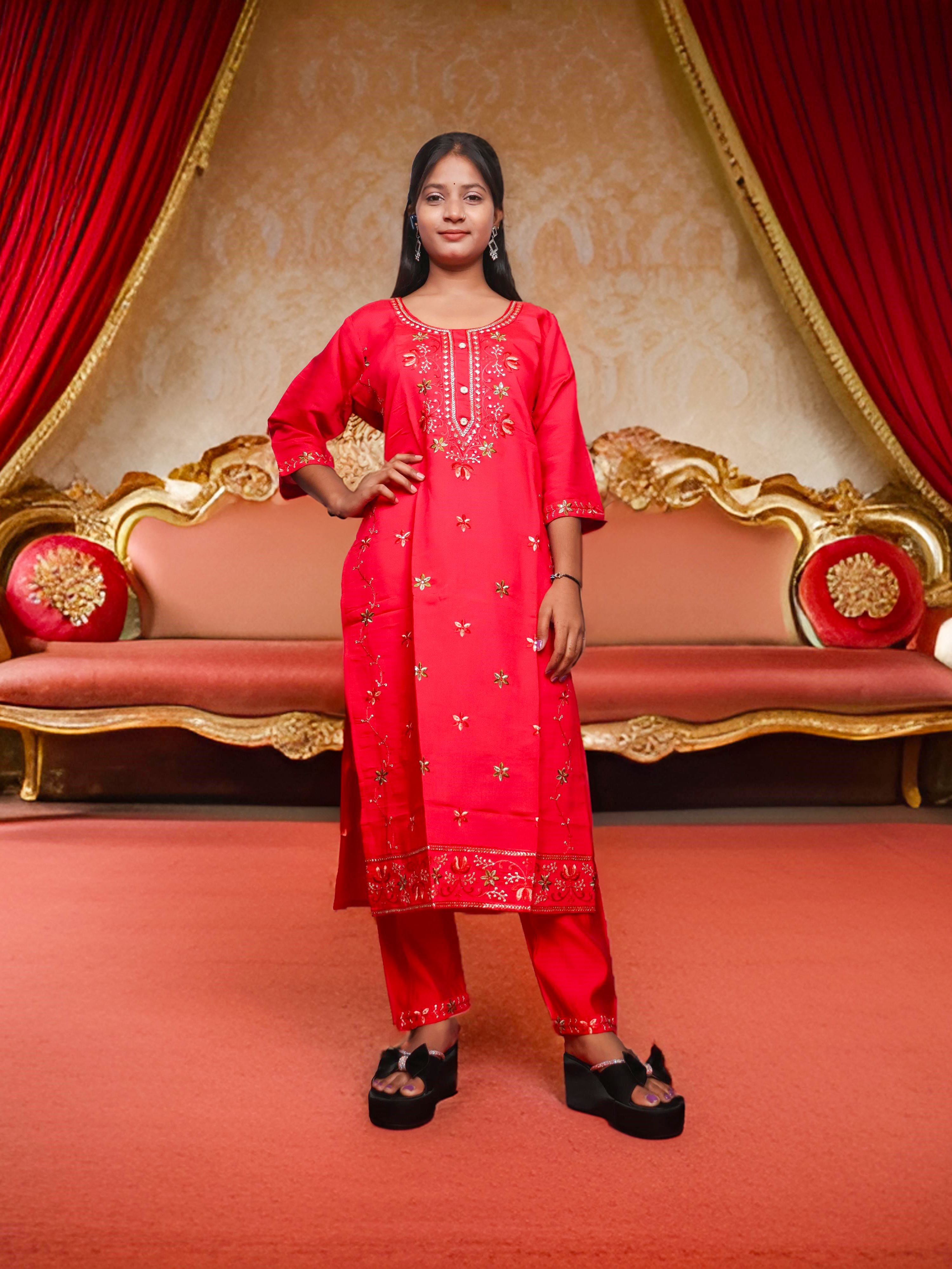 Rayon-Cotton Embroidered Straight Kurti with Pant and Dupatta