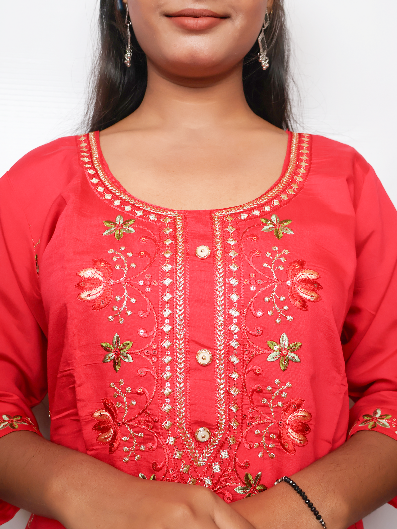 Rayon-Cotton Embroidered Straight Kurti with Pant and Dupatta