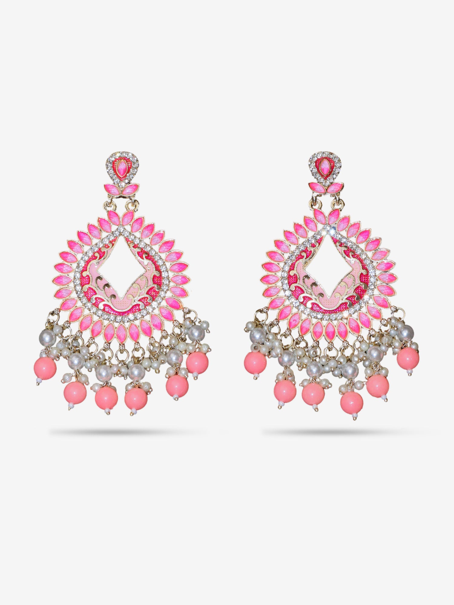 Gold-Toned &amp; Chandbali Earrings with Crystals and Pearls for Women by Shreekama Pink Fashion Jewelry for Party Festival Wedding Occasion in Noida