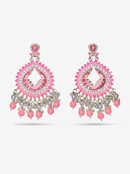 Gold-Toned &amp; Chandbali Earrings with Crystals and Pearls for Women by Shreekama Pink Fashion Jewelry for Party Festival Wedding Occasion in Noida