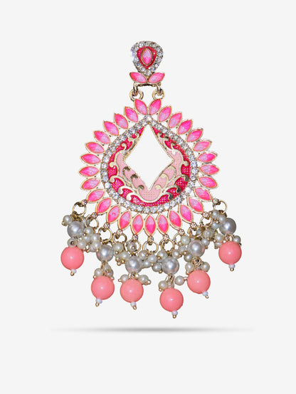 Gold-Toned &amp; Chandbali Earrings with Crystals and Pearls for Women by Shreekama Pink Fashion Jewelry for Party Festival Wedding Occasion in Noida