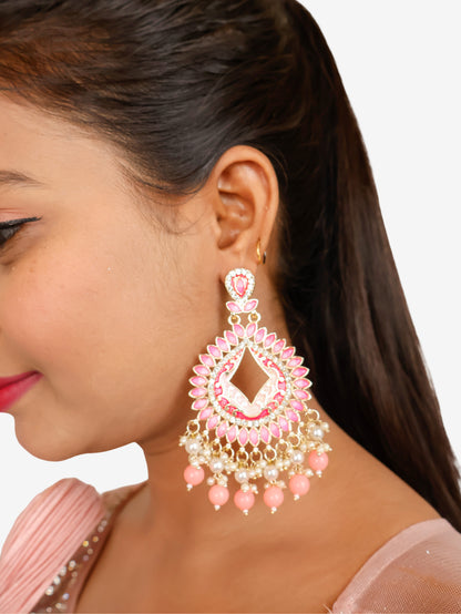 Gold-Toned &amp; Chandbali Earrings with Crystals and Pearls for Women by Shreekama Pink Fashion Jewelry for Party Festival Wedding Occasion in Noida