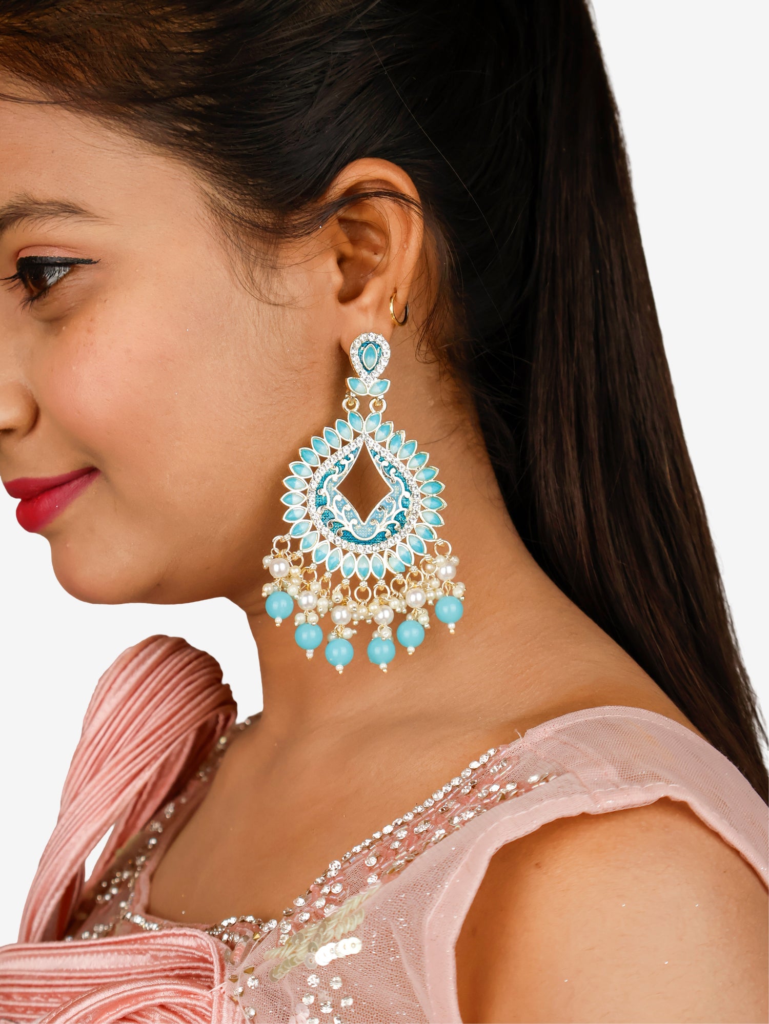 Gold-Toned &amp; Chandbali Earrings with Crystals and Pearls for Women by Shreekama Sky Blue Fashion Jewelry for Party Festival Wedding Occasion in Noida