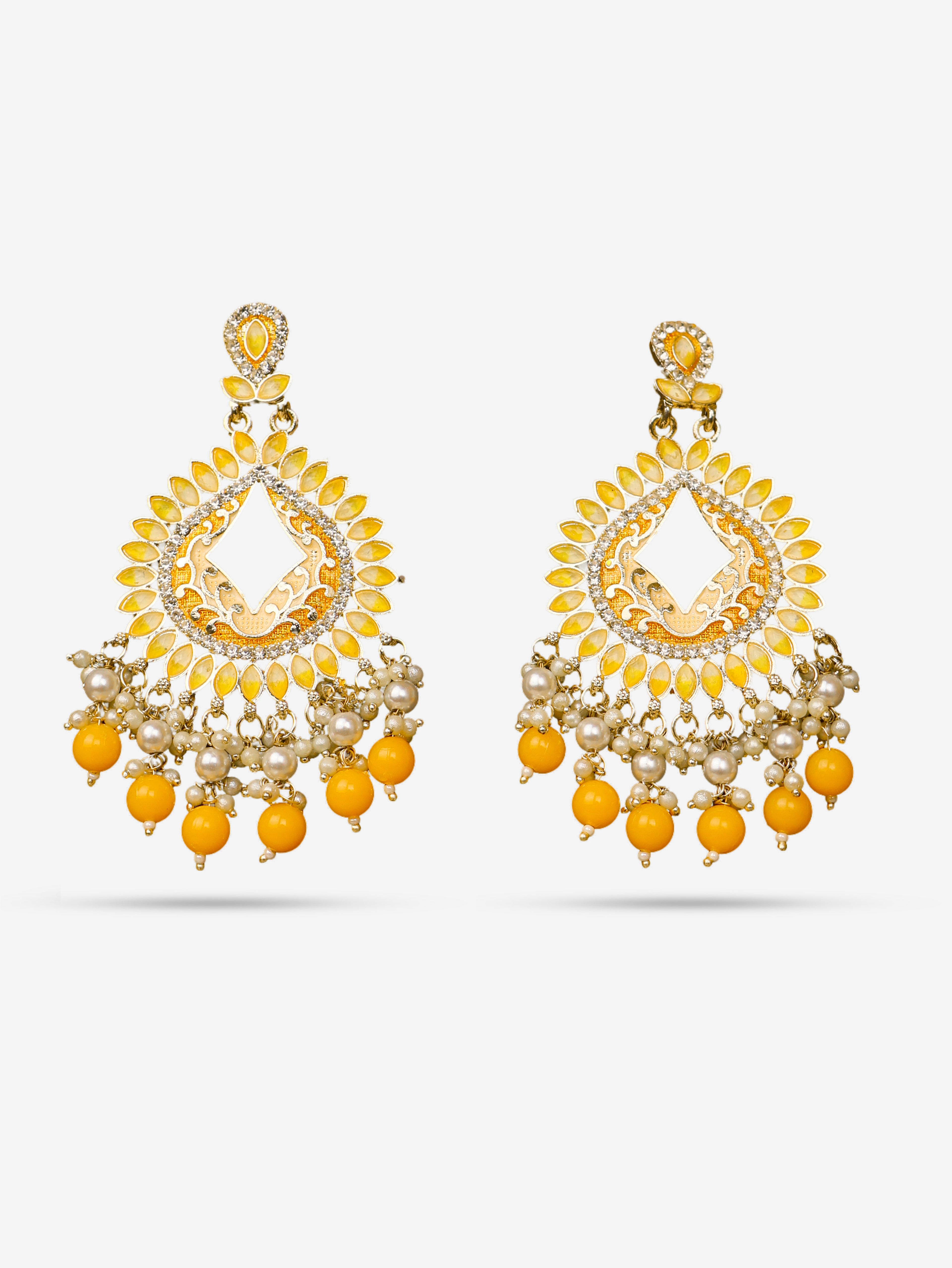 Gold-Toned &amp; Chandbali Earrings with Crystals and Pearls for Women by Shreekama Yellow Fashion Jewelry for Party Festival Wedding Occasion in Noida