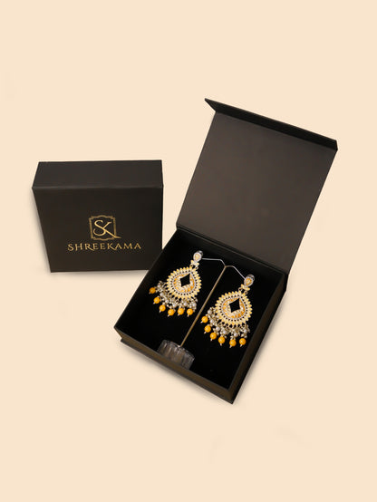 Gold-Toned &amp; Chandbali Earrings with Crystals and Pearls for Women by Shreekama Yellow Fashion Jewelry for Party Festival Wedding Occasion in Noida