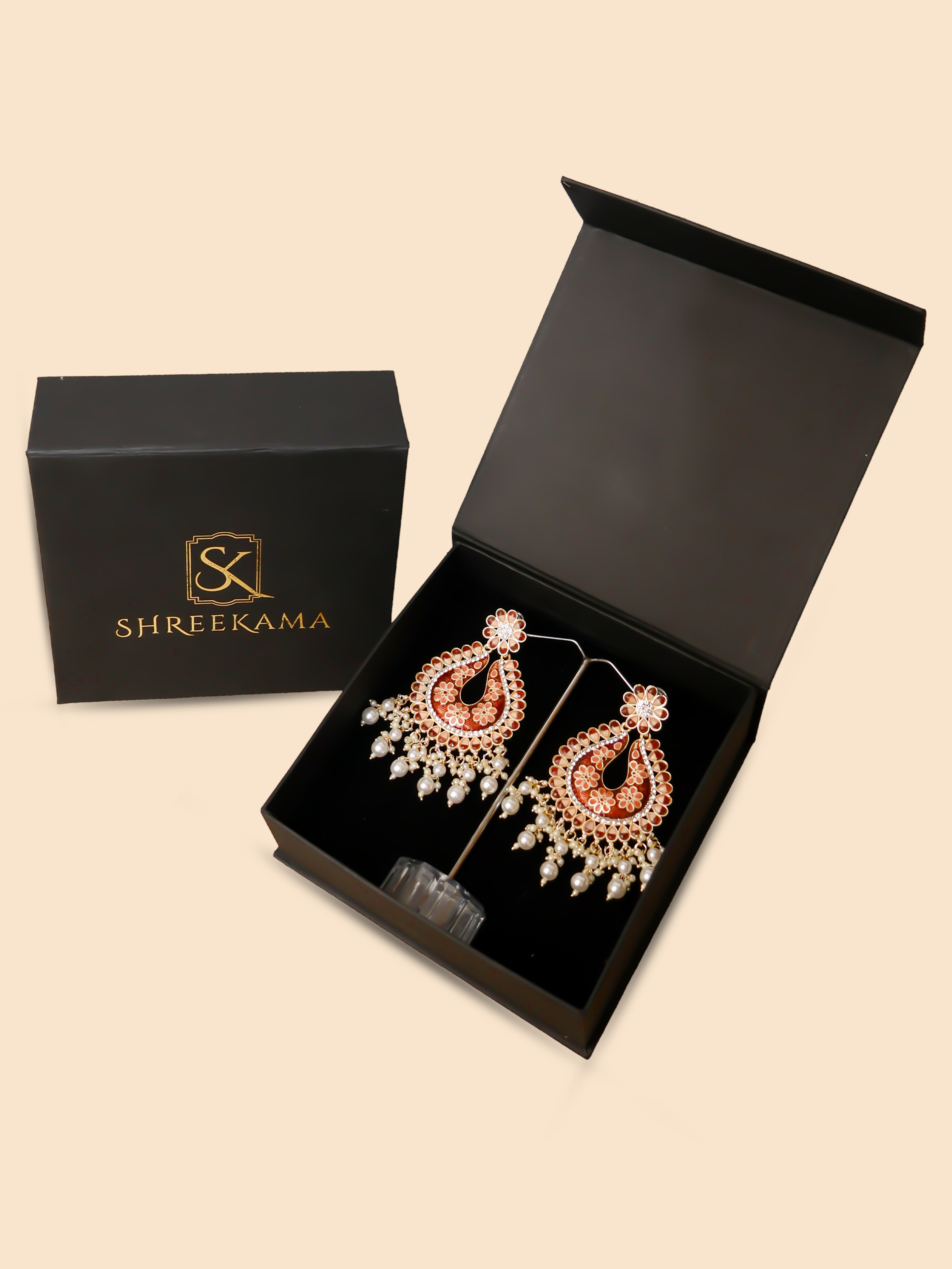 Jewels Chandbali Earrings for Women with Kundan Stones and Beads by Shreekama Brown Fashion Jewelry for Party Festival Wedding Occasion in Noida