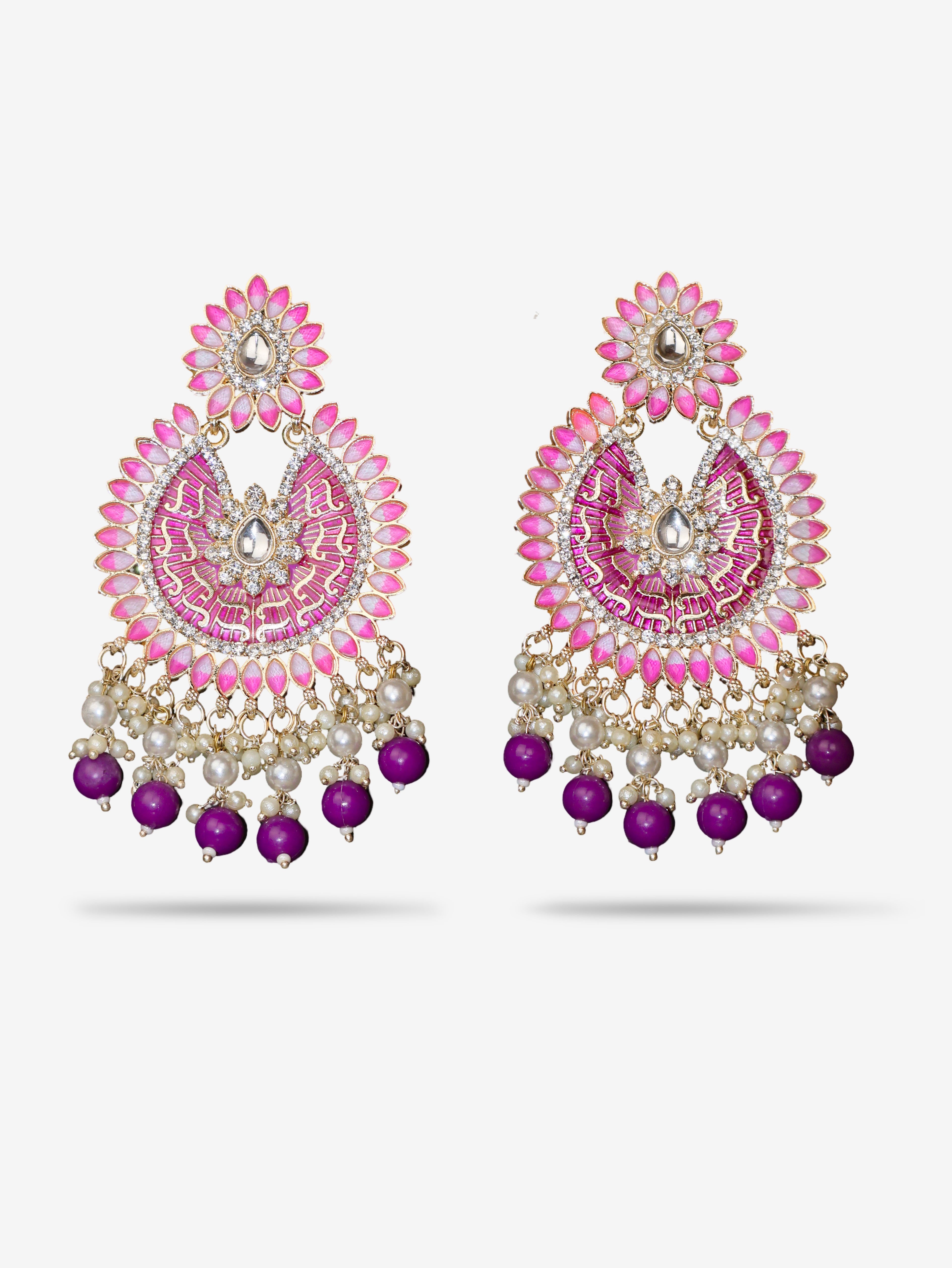 Delicate Pearl &amp; Rhinestone Chandelier Earrings for Women by Shreekama Purple Fashion Jewelry for Party Festival Wedding Occasion in Noida