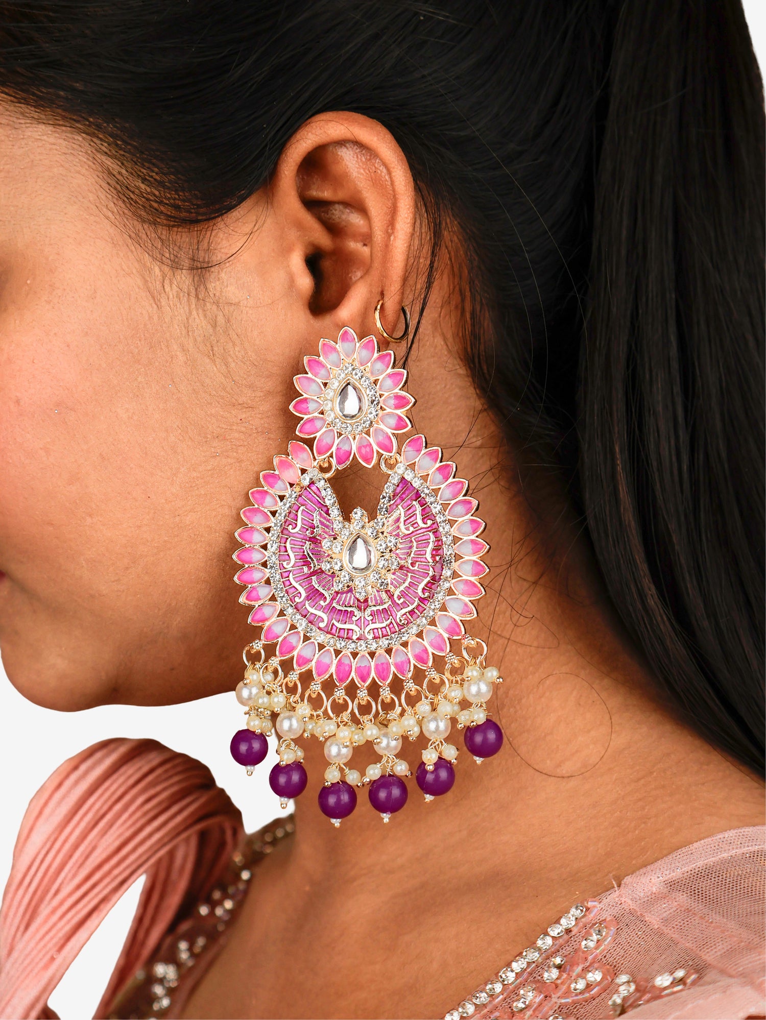 Delicate Pearl &amp; Rhinestone Chandelier Earrings for Women by Shreekama Purple Fashion Jewelry for Party Festival Wedding Occasion in Noida