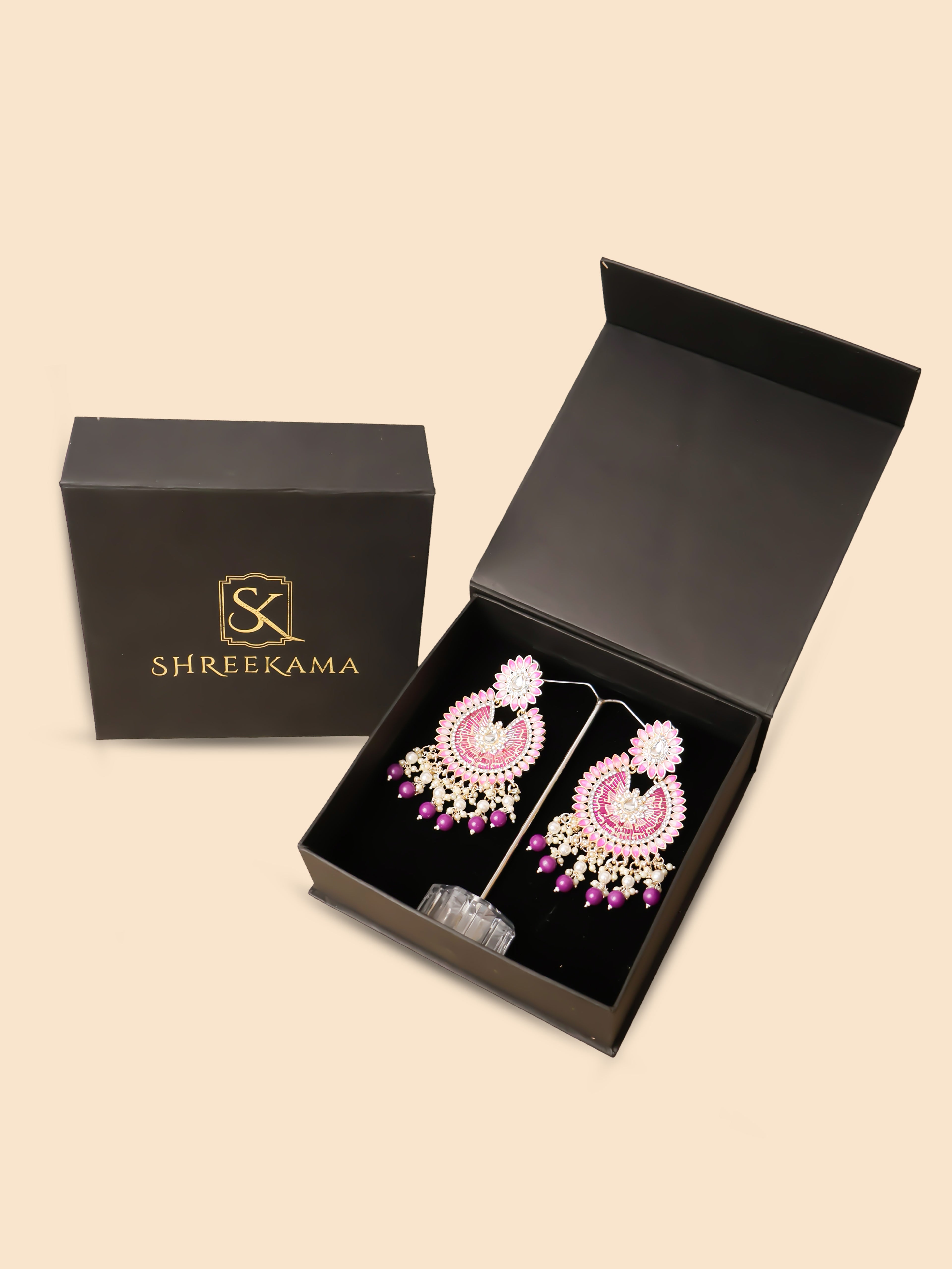 Delicate Pearl &amp; Rhinestone Chandelier Earrings for Women by Shreekama Purple Fashion Jewelry for Party Festival Wedding Occasion in Noida