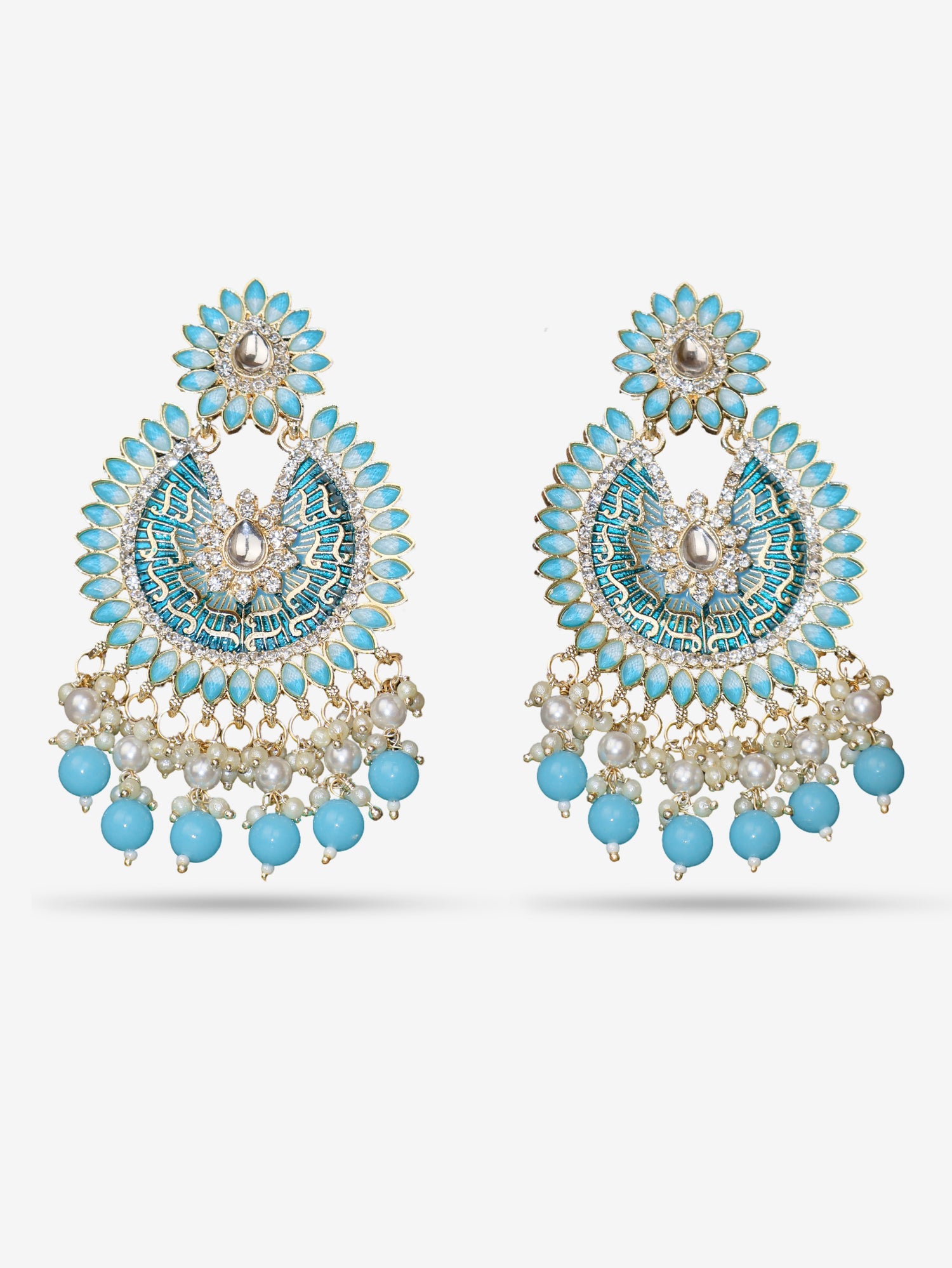 Delicate Pearl &amp; Rhinestone Chandelier Earrings for Women by Shreekama Sky Blue Fashion Jewelry for Party Festival Wedding Occasion in Noida