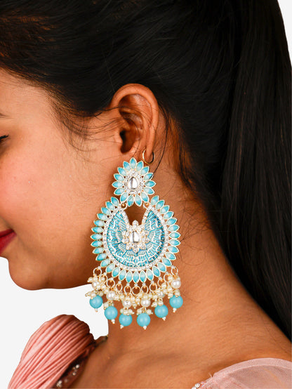 Delicate Pearl &amp; Rhinestone Chandelier Earrings for Women by Shreekama Sky Blue Fashion Jewelry for Party Festival Wedding Occasion in Noida