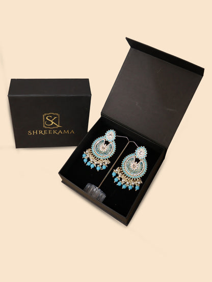 Delicate Pearl &amp; Rhinestone Chandelier Earrings for Women by Shreekama Sky Blue Fashion Jewelry for Party Festival Wedding Occasion in Noida