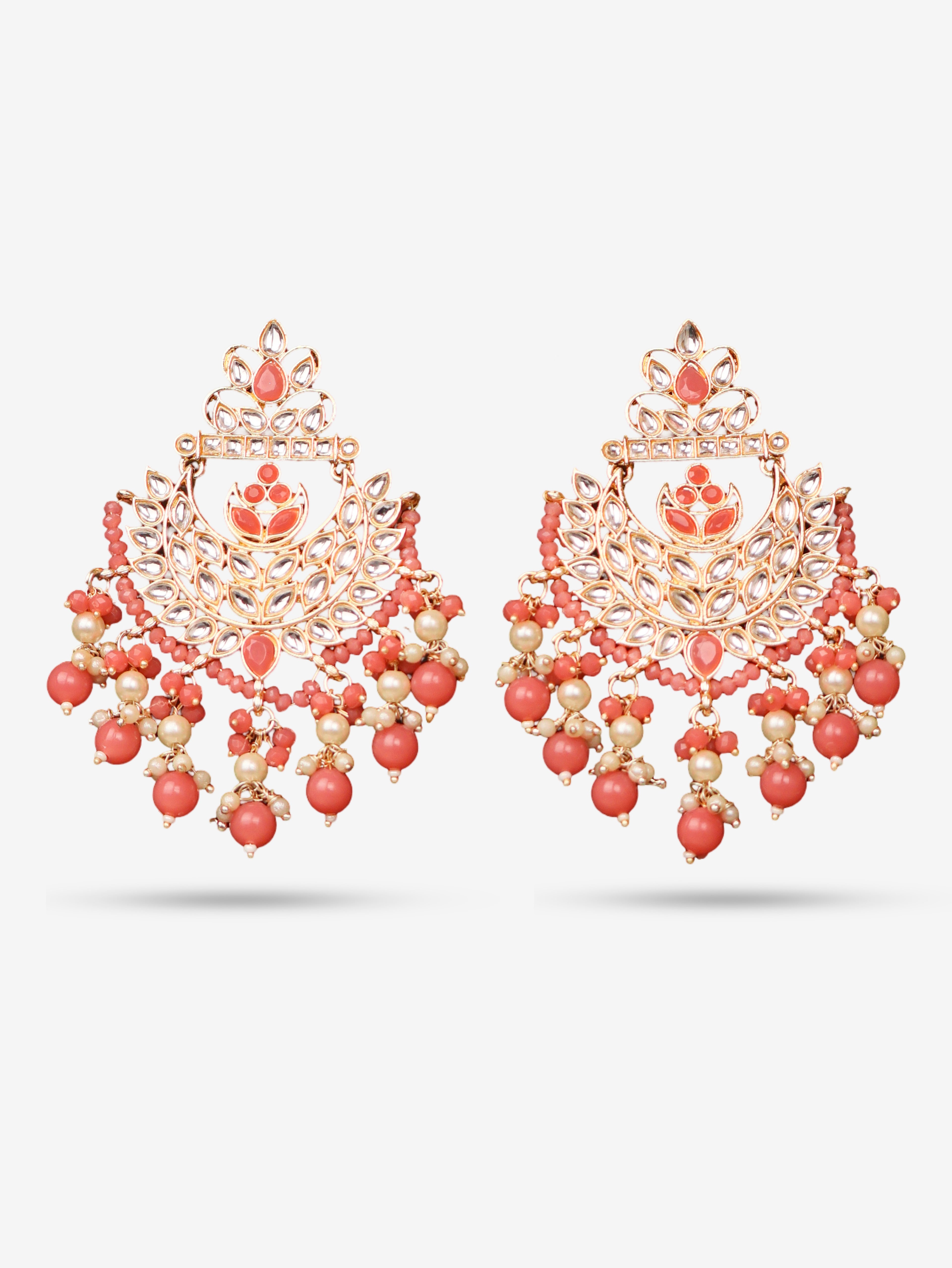 Kundan &amp; Pearl Drop Earrings with Textured Detailing for Women by Shreekama Peach Fashion Jewelry for Party Festival Wedding Occasion in Noida