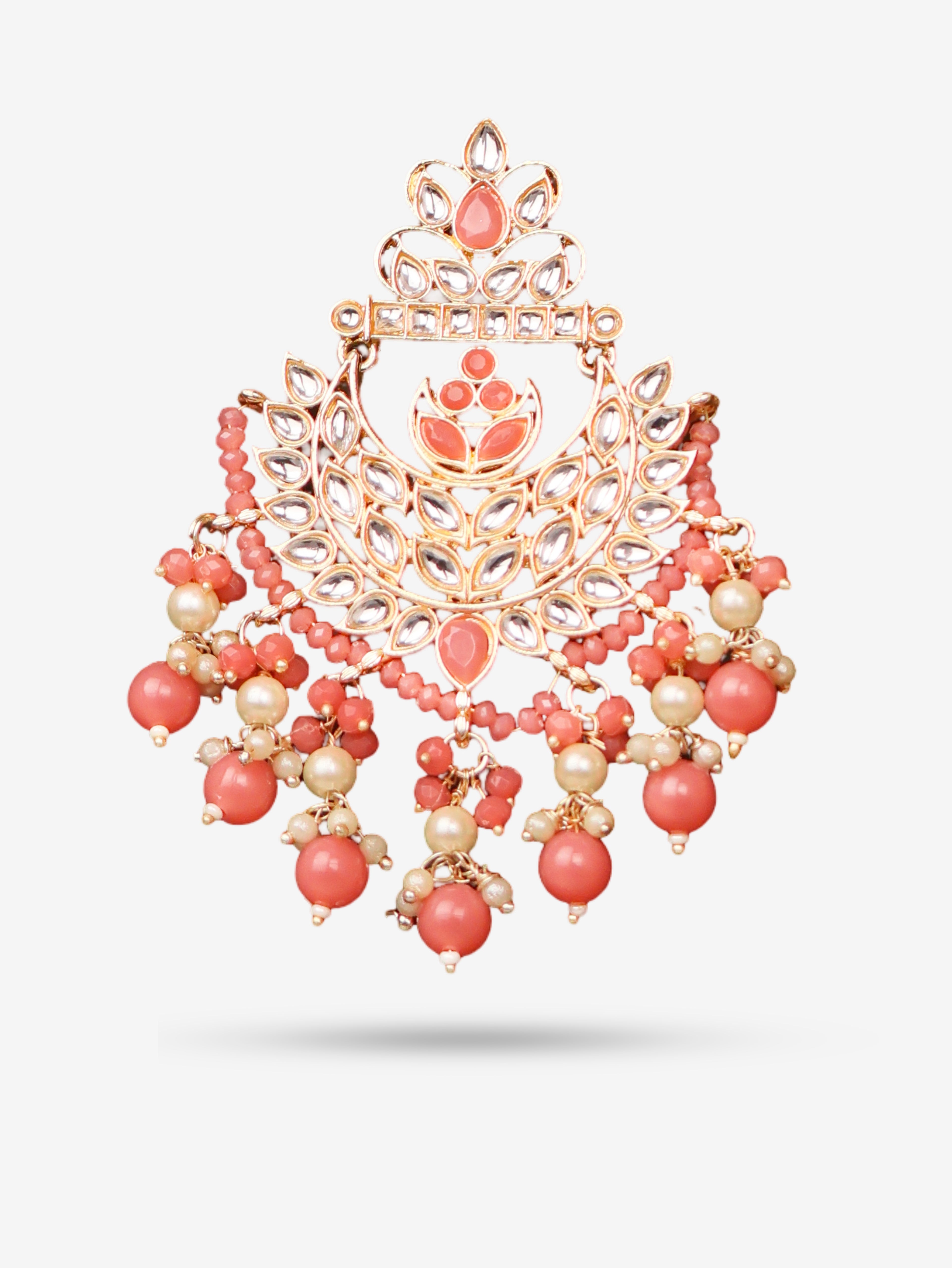 Kundan &amp; Pearl Drop Earrings with Textured Detailing for Women by Shreekama Peach Fashion Jewelry for Party Festival Wedding Occasion in Noida