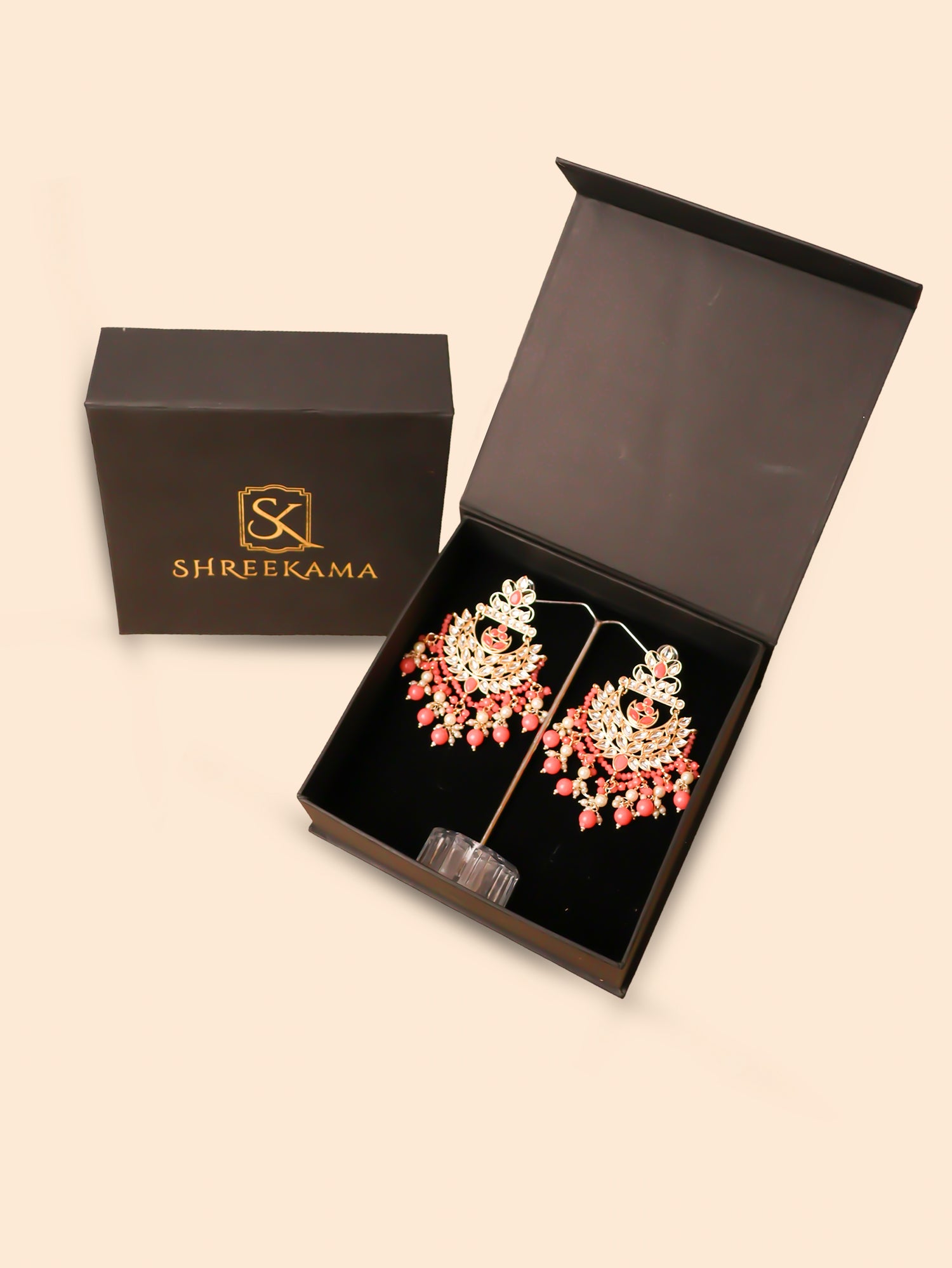 Kundan &amp; Pearl Drop Earrings with Textured Detailing for Women by Shreekama Peach Fashion Jewelry for Party Festival Wedding Occasion in Noida