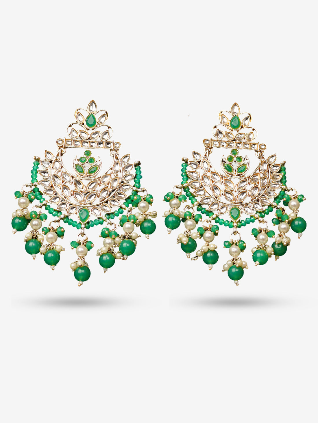 Kundan &amp; Pearl Drop Earrings with Textured Detailing for Women by Shreekama Green Fashion Jewelry for Party Festival Wedding Occasion in Noida