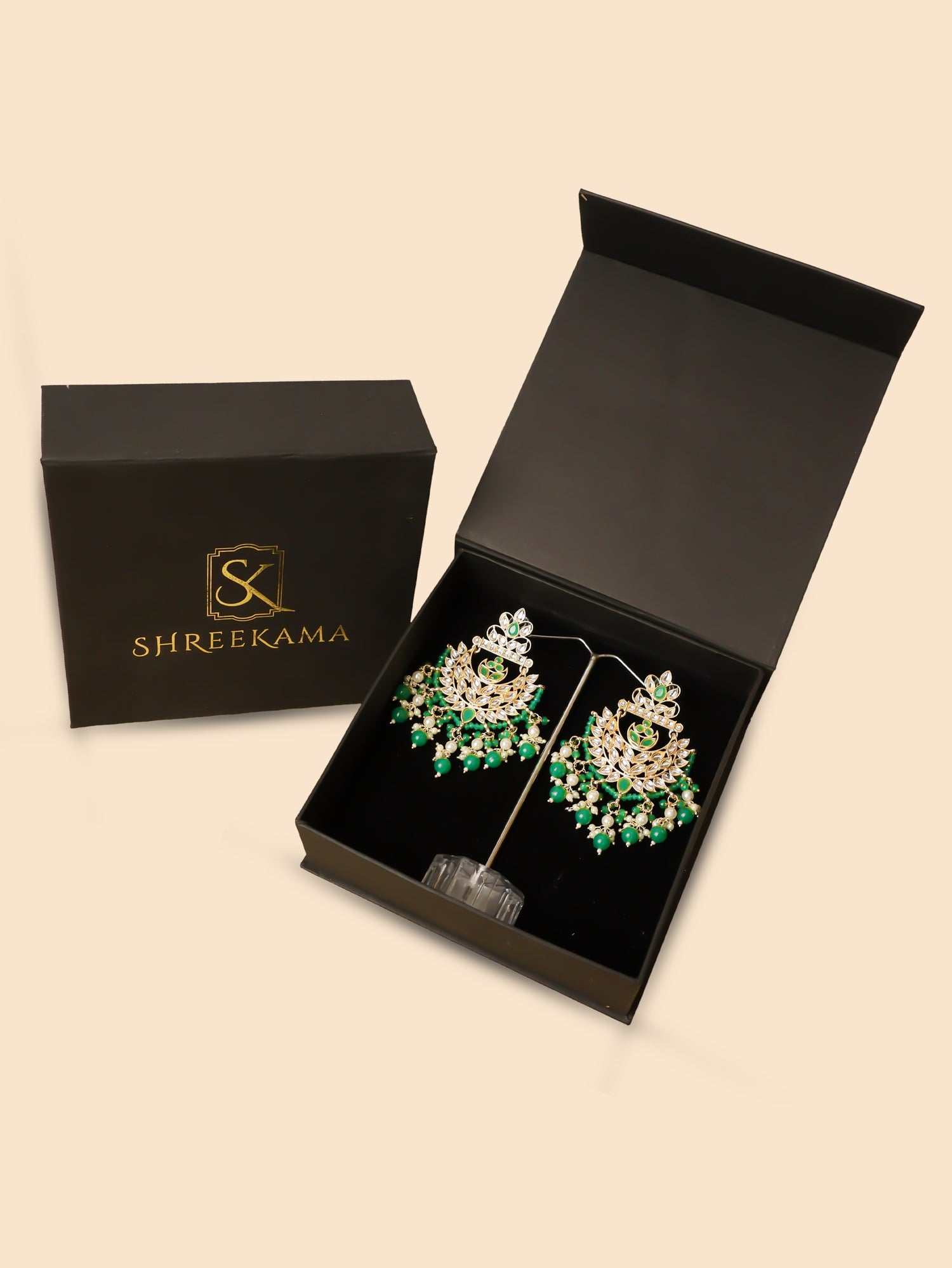 Kundan &amp; Pearl Drop Earrings with Textured Detailing for Women by Shreekama Green Fashion Jewelry for Party Festival Wedding Occasion in Noida