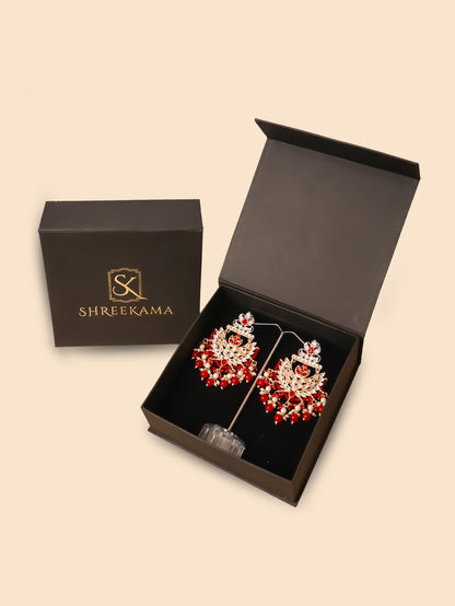 Kundan &amp; Pearl Drop Earrings with Textured Detailing for Women by Shreekama Red Fashion Jewelry for Party Festival Wedding Occasion in Noida