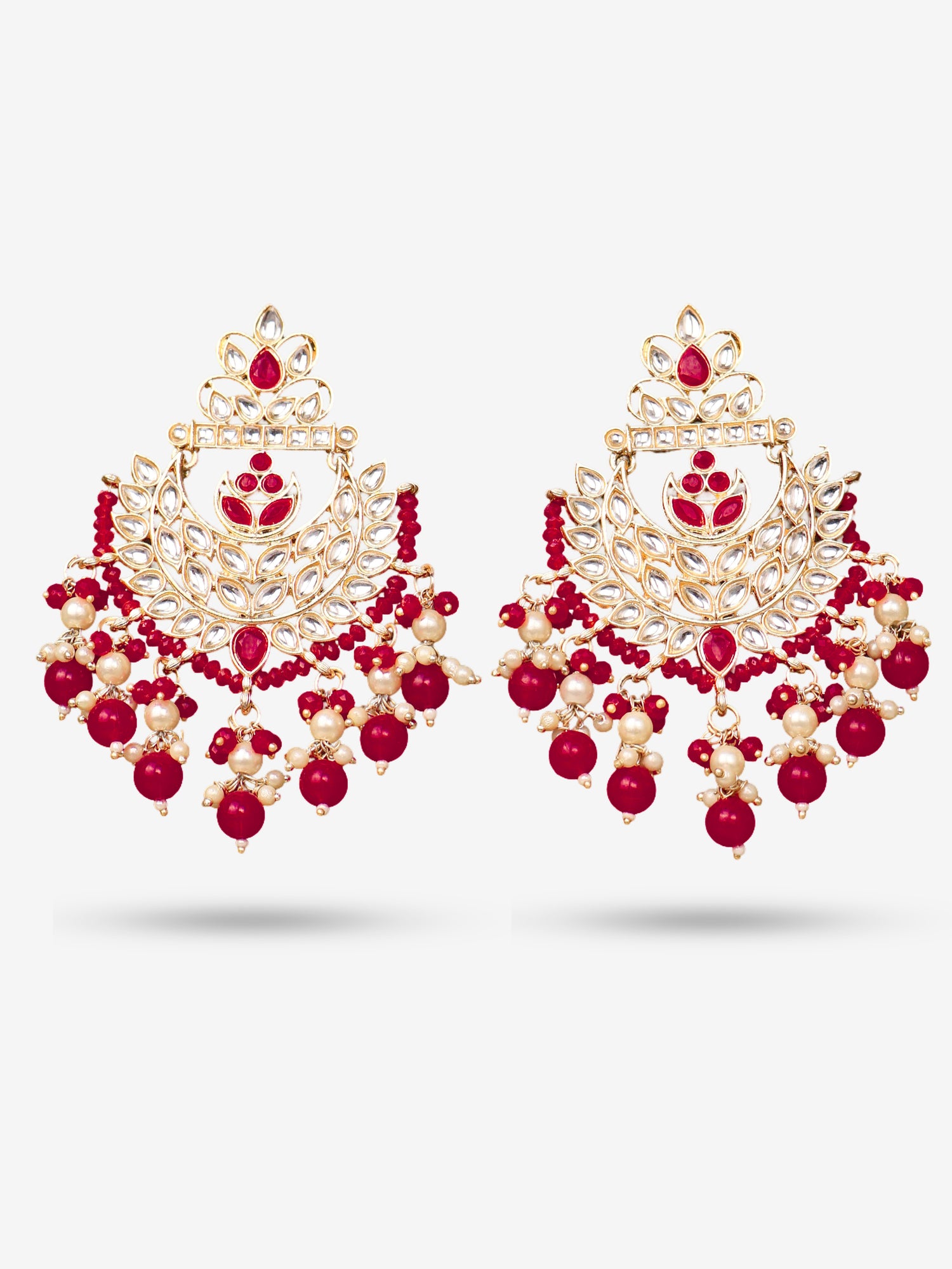 Kundan &amp; Pearl Drop Earrings with Textured Detailing for Women by Shreekama Maroon Fashion Jewelry for Party Festival Wedding Occasion in Noida