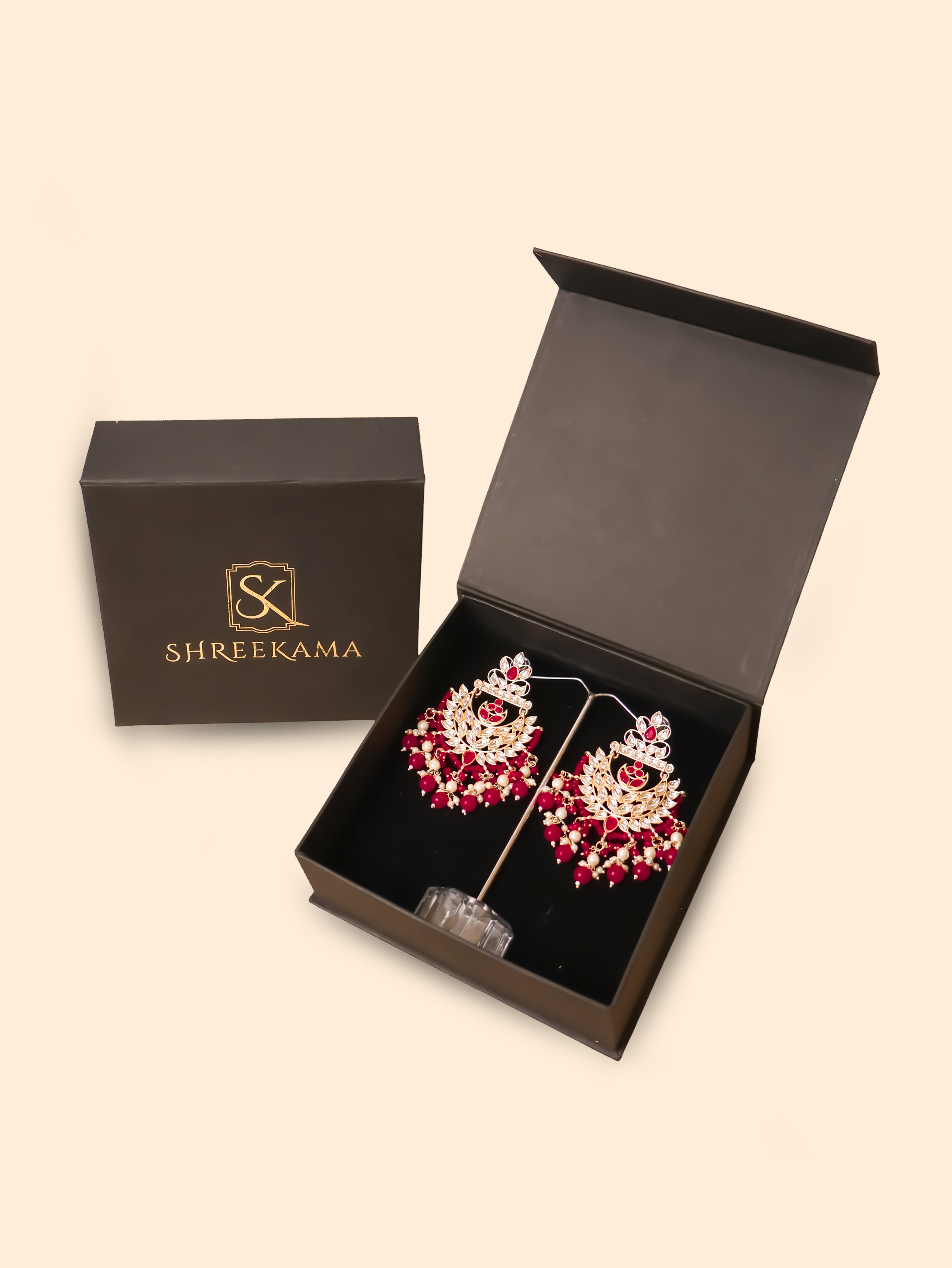 Kundan &amp; Pearl Drop Earrings with Textured Detailing for Women by Shreekama Maroon Fashion Jewelry for Party Festival Wedding Occasion in Noida