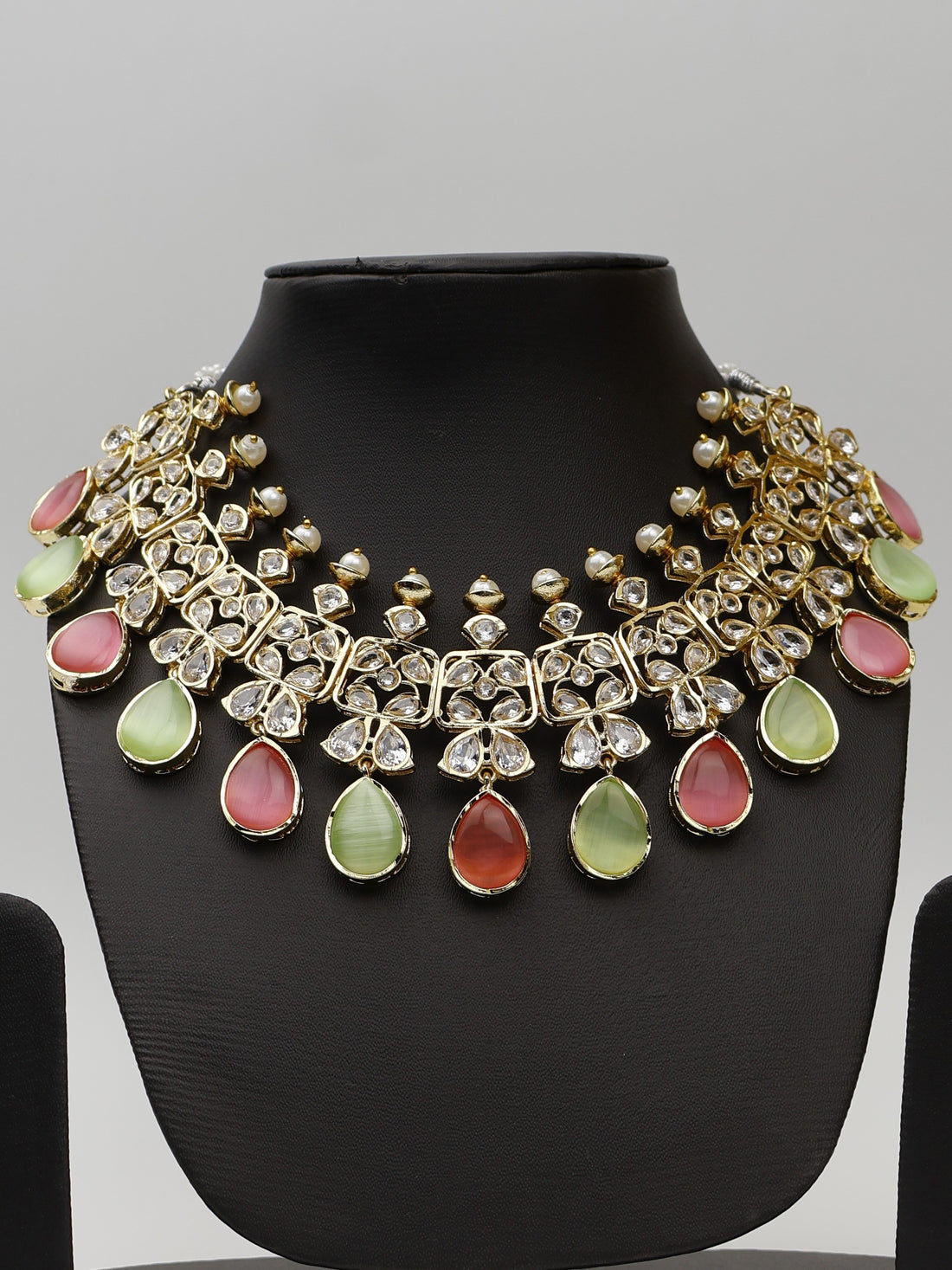 Three Layer Pink &amp; Mint Green Monalisa Stones and Polki Necklace Set Fashion Jewelry for Party Festival Wedding Occasion in Noida