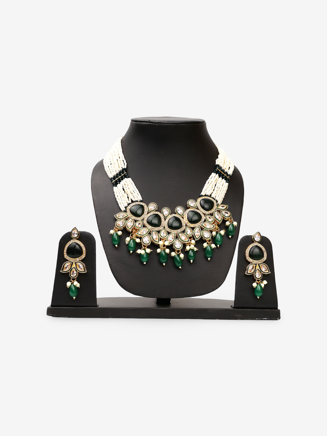 Black and Green Necklace set with Kundan and Pearl string Fashion Jewelry for Party Festival Wedding Occasion in Noida