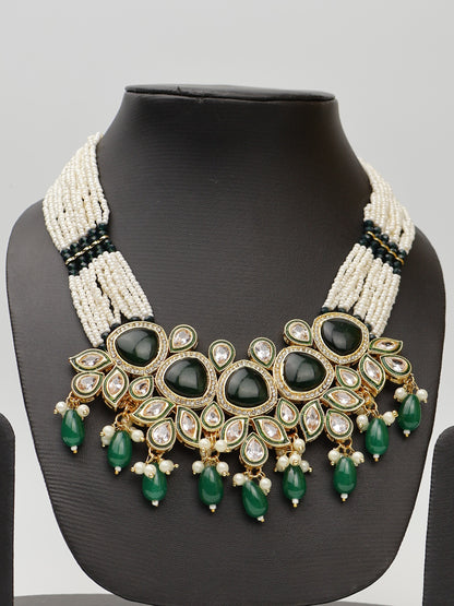 Black and Green Necklace set with Kundan and Pearl string Fashion Jewelry for Party Festival Wedding Occasion in Noida