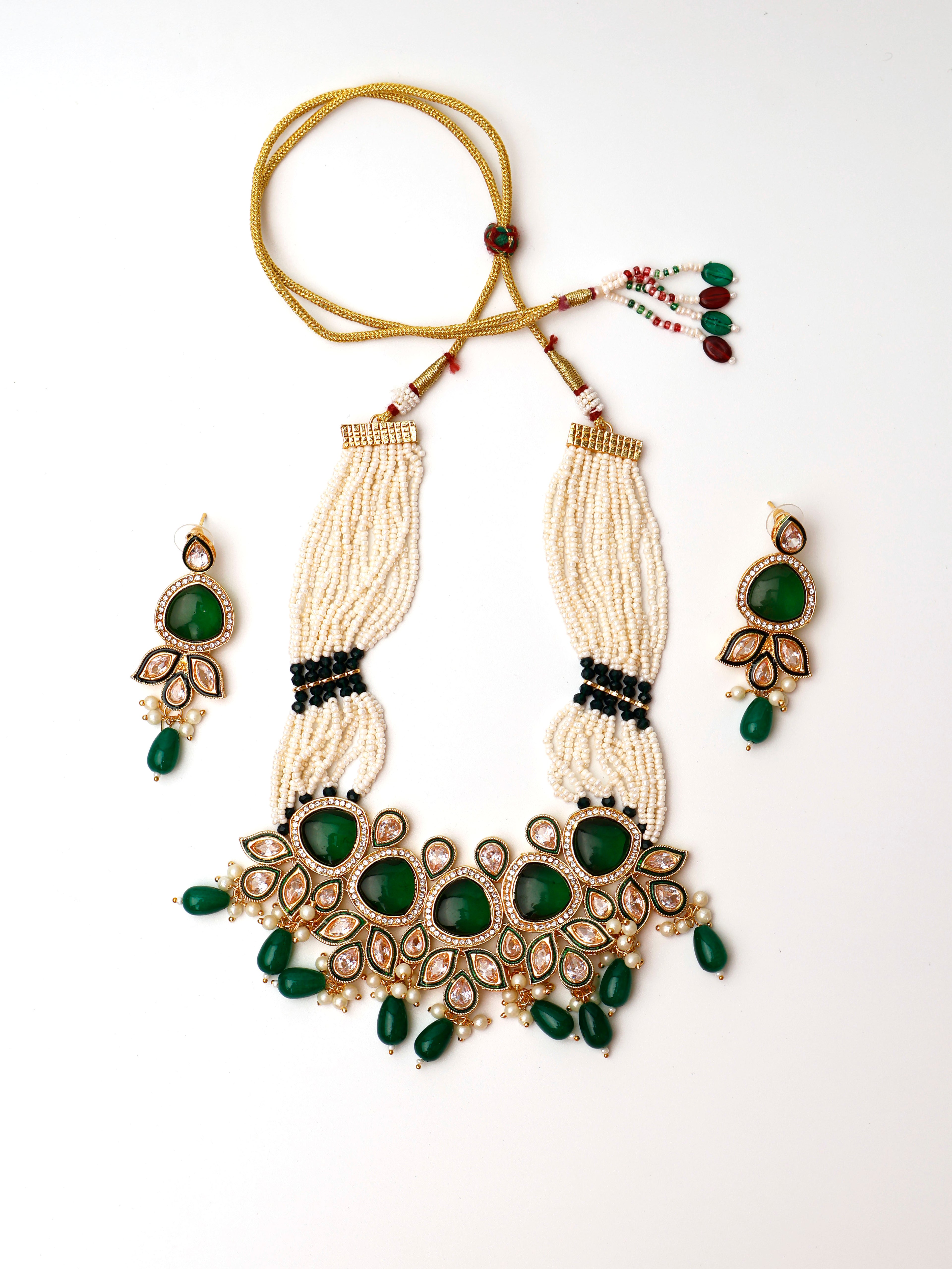 Black and Green Necklace set with Kundan and Pearl string Fashion Jewelry for Party Festival Wedding Occasion in Noida