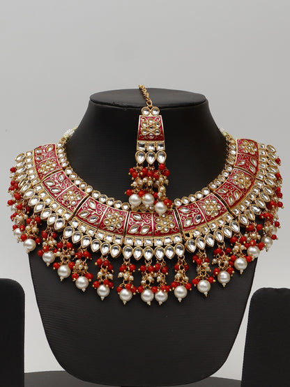 Red Meenakari Kundan &amp; Pearl Necklace Set with Earrings &amp; Mang Tikka. Fashion Jewelry for Party Festival Wedding Occasion in Noida